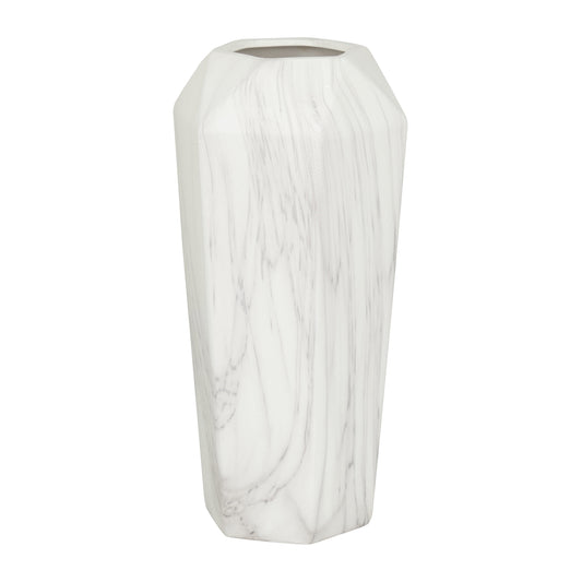 14" Faux Marble White Ceramic Vase