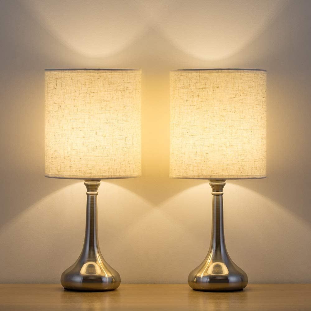 Modern Table Lamps - Nightstand Lamps Set of 2 with Fabric Shade, Small Bedside Desk Lamps for Guest Room, Living Room, Bedroom, Hotel - Silver (HT-TH36-11X2)