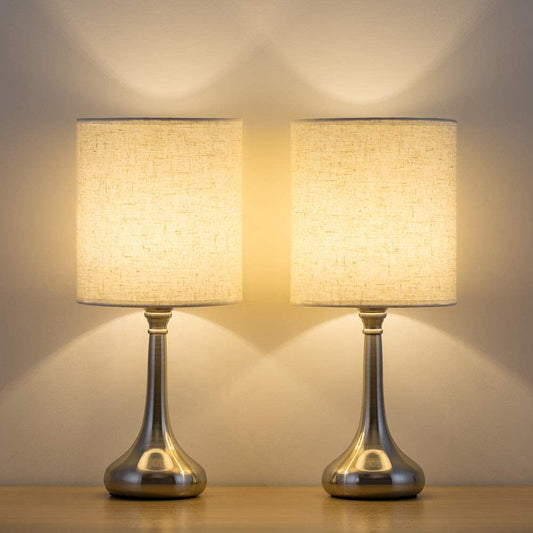 Modern Table Lamps - Nightstand Lamps Set of 2 with Fabric Shade, Small Bedside Desk Lamps for Guest Room, Living Room, Bedroom, Hotel - Silver (HT-TH36-11X2)