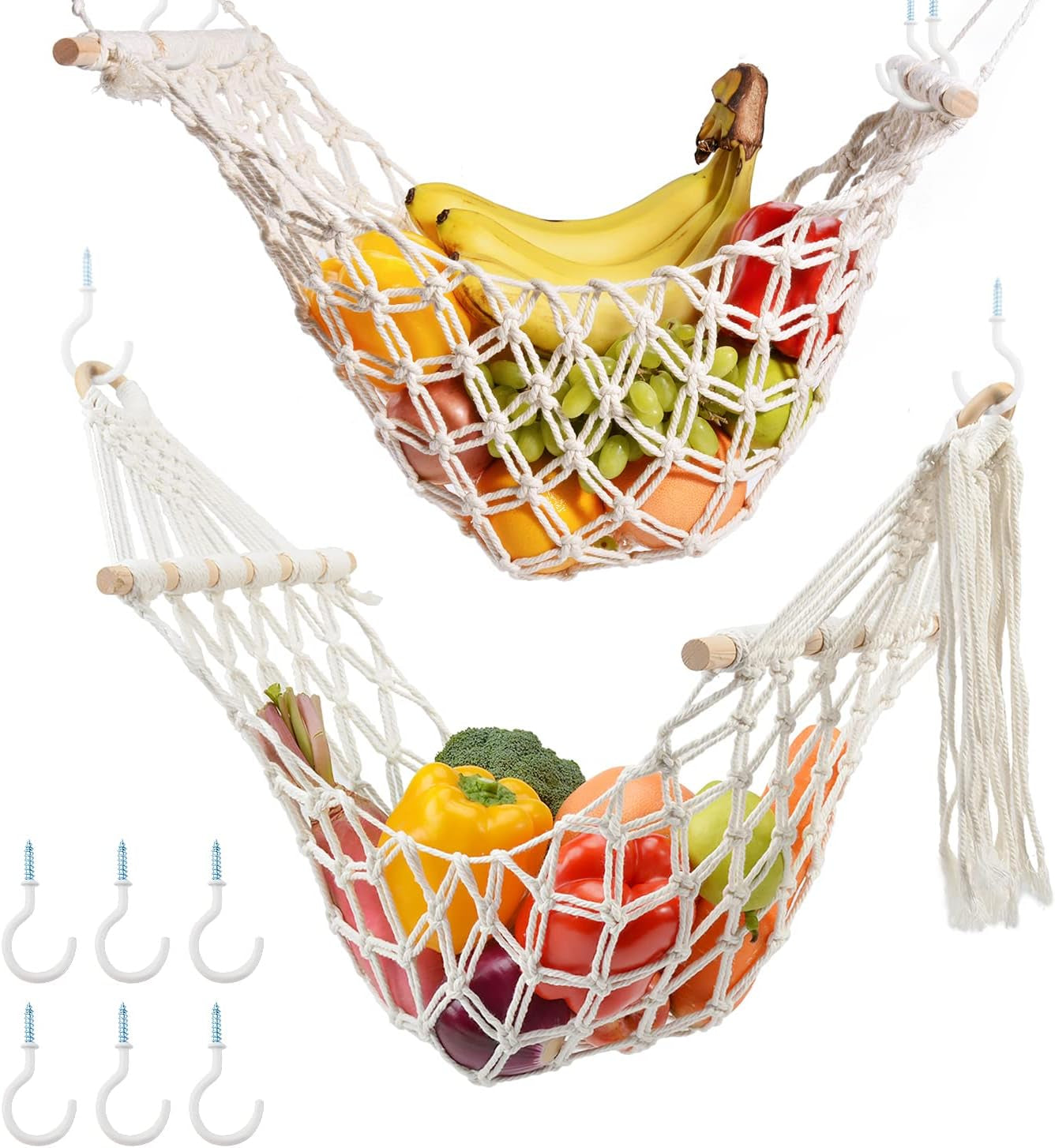 Fruit Hammock under Cabinet 2 Pack Macrame Hanging Fruit Basket Veggie Banana Holder with Hooks Boho Decor for RV Camping Kitchen Organizers and Storage Christmas Housewarming Gifts