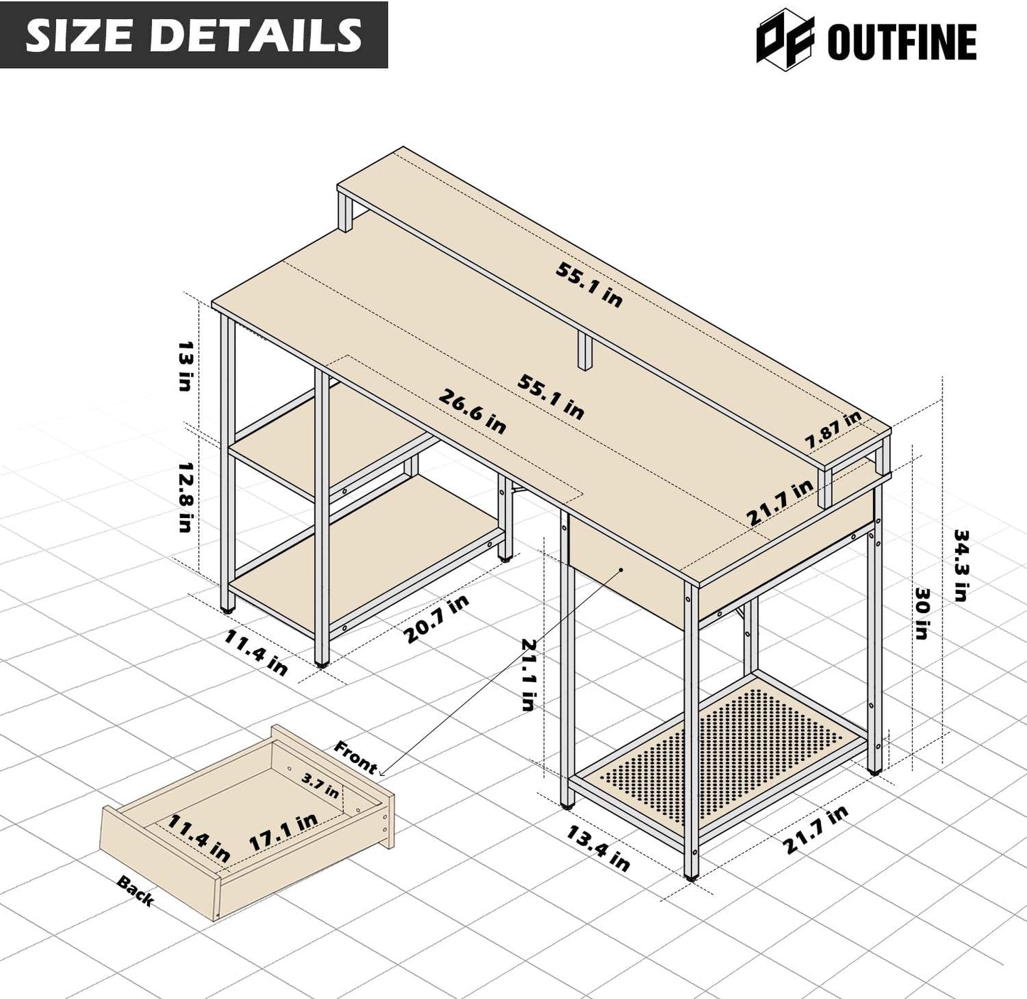 Home Office Computer Desk with Drawer, Monitor Stand and Storage Shelves