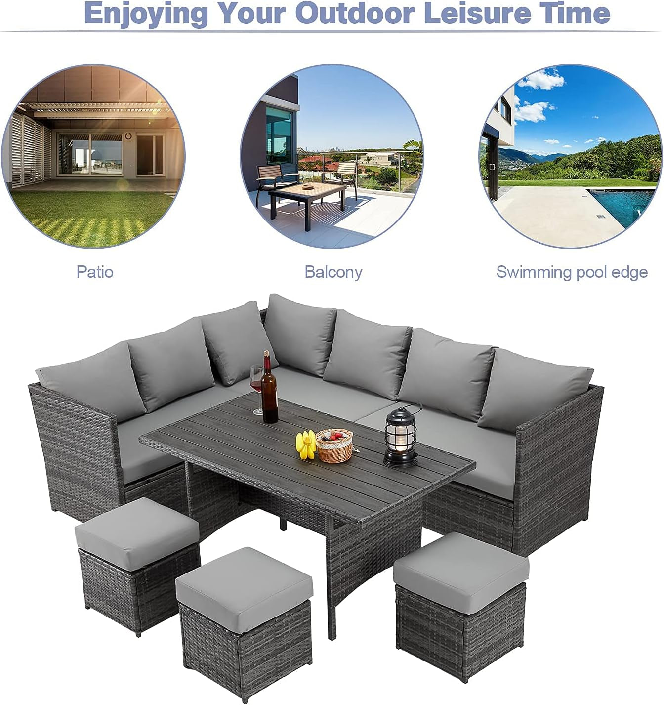 7 Pieces Outdoor Sofa Set, Wicker Rattan Patio Sectional Furniture Sets, Wicker Sectional Patio Set, Patio Dining Furniture with Table&Chair, Gray, M