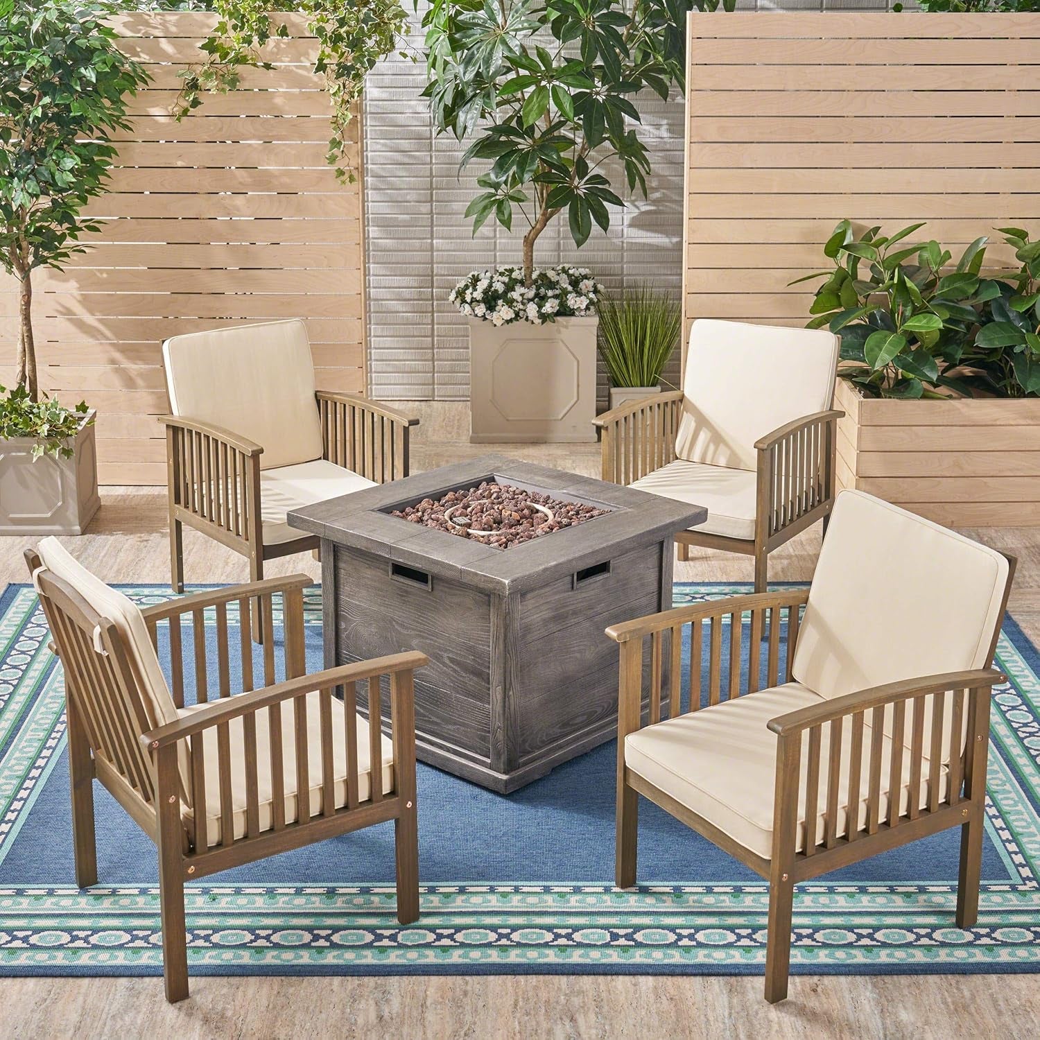 Outdoor 4-Seater Acacia Wood Club Chairs with Firepit, Gray Finish and Cream and Wood Pattern