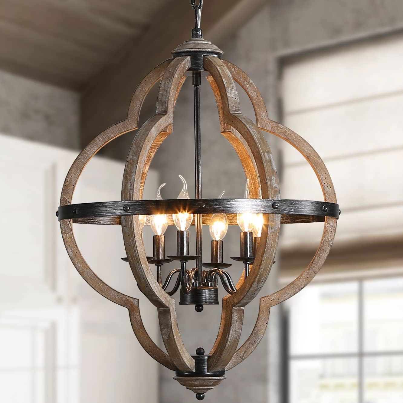 27" Large Farmhouse Wood Chandelier, 6-Light Rustic Orb Dining Room Light Fixtures over Table, Black Modern French Country Pendant Light Ceiling Hanging Lighting for Kitchen Foyer Living Room Entryway