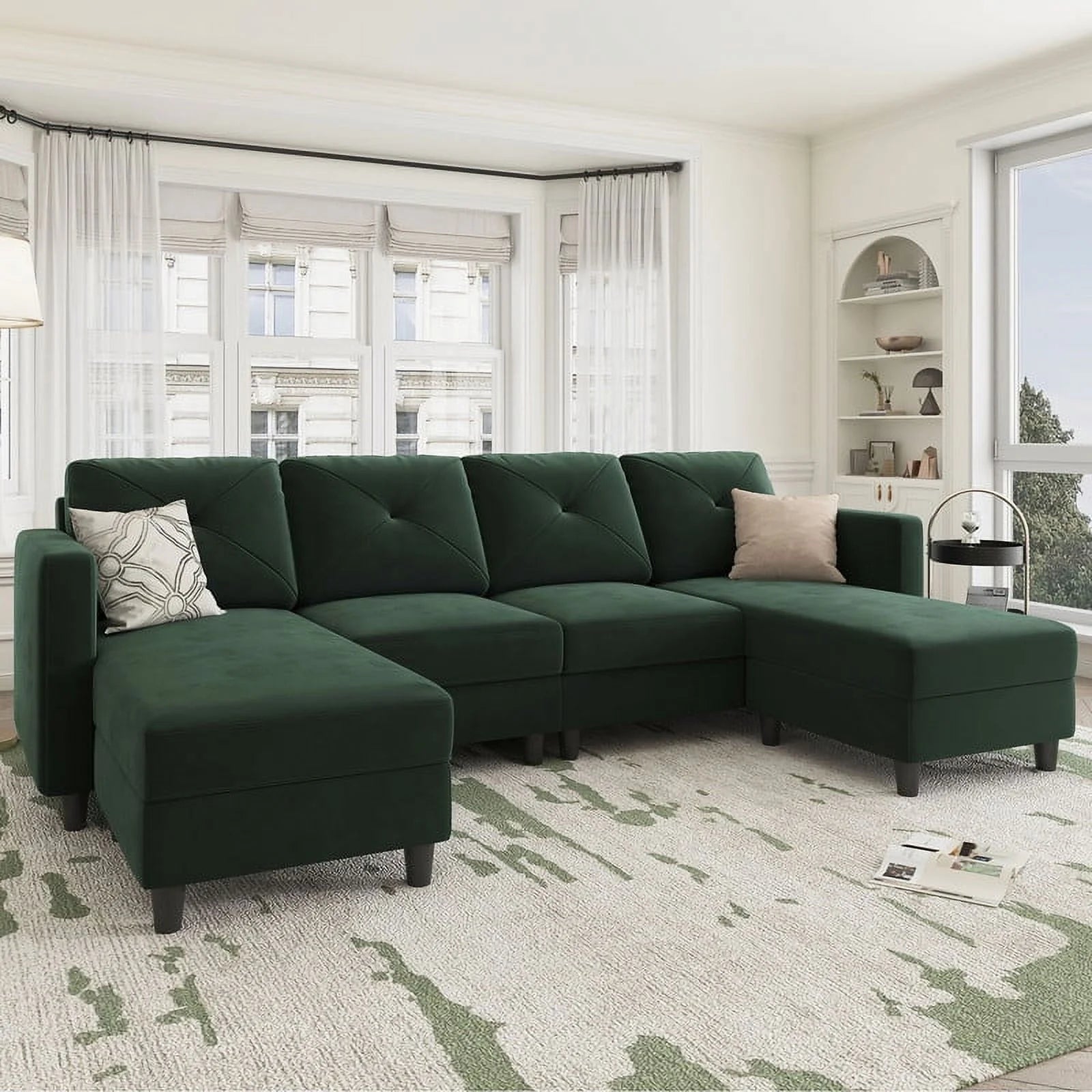 Large Green Velvet L-Shape Sectional Sofa with Storage Ottoman