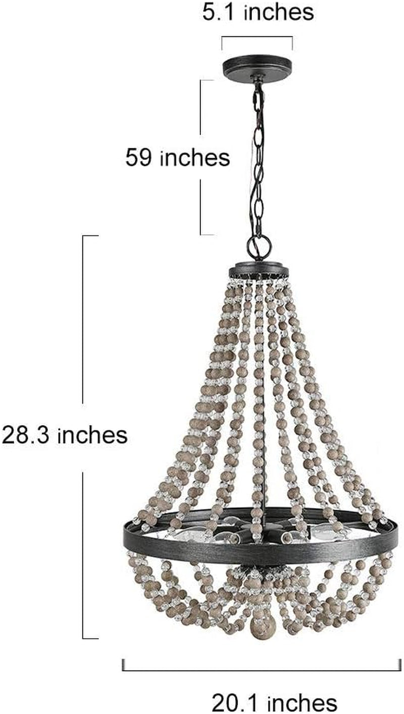 Bead Chandelier, Farmhouse Dining Room Light Fixture Hanging with 6-Lights, Handmade Wood Beaded Chandelier for Kitchen Island