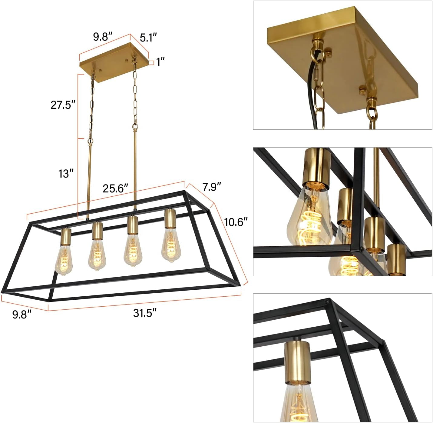 Modern Black Brass Kitchen Island Chandelier, Industrial Gold Linear Dining Room Lighting, Farmhouse Pendant Light for Living Room Bar (4-Light, Black & Brass)