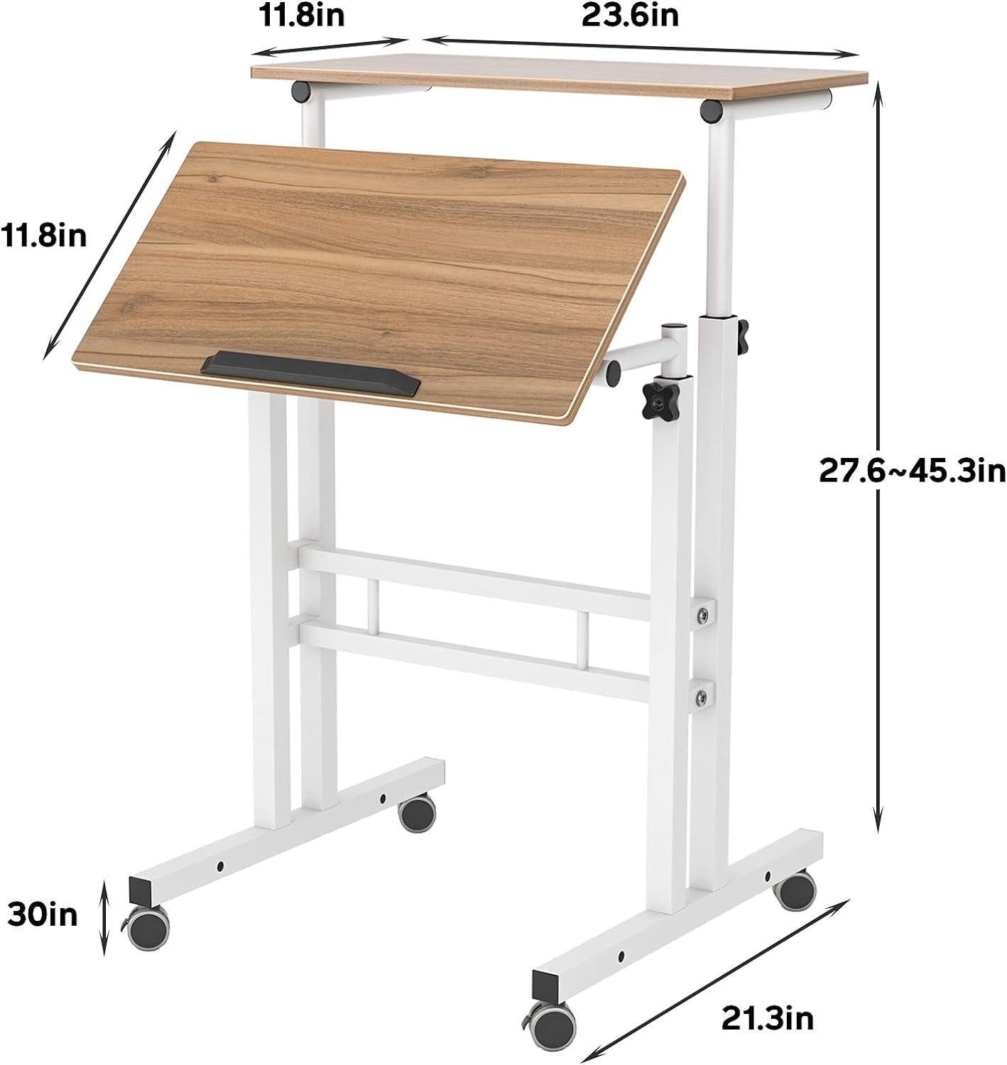 Mobile Standing Desk Stand up Desk Rolling Desk, Stand Sit Desk Mobile Computer Desk Adjustable Standing Desk 23.6Inches Table Workstation Mobile Desk Cart Tray Oak