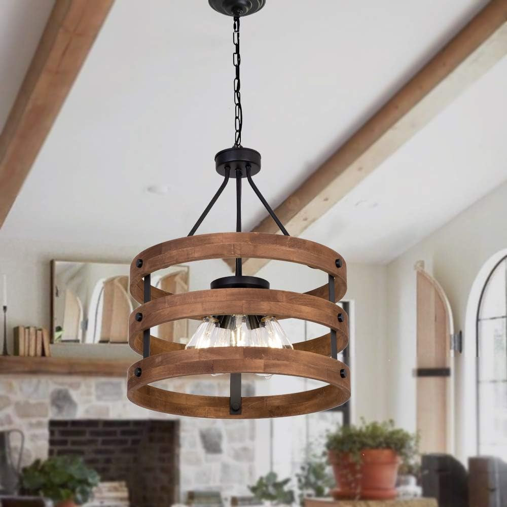 DERALAN Modern Rustic Chandelier Circular Wood Chandeliers round Wooden Five Lights Farmhouse Chandeliers Island Pendant Lighting Fixture Industrial Metal Retro Ceiling Lights for Dining Room Kitchen