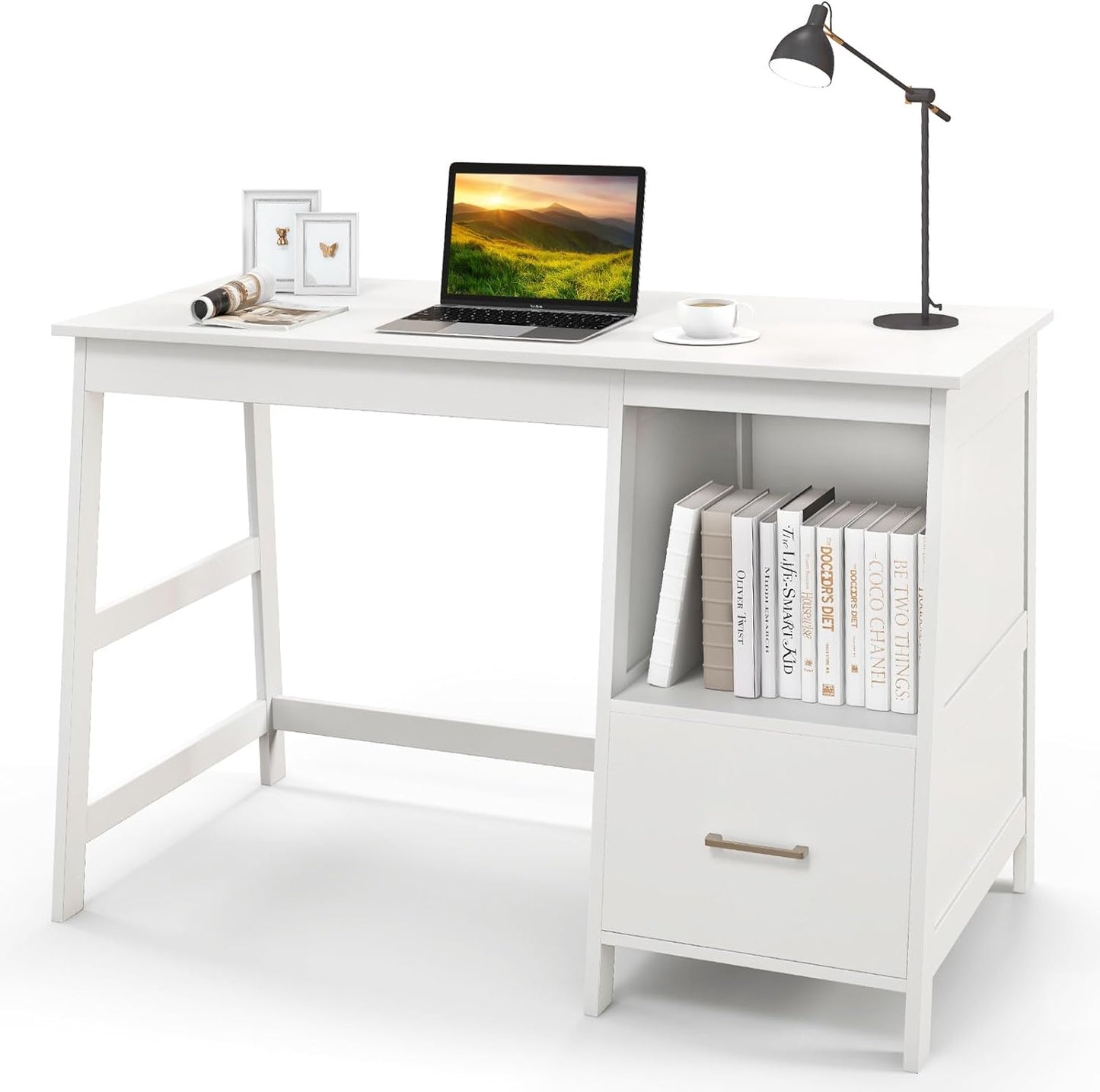 White Desk with Drawers, Small Computer Desk Study Writing Desk, Modern Home Office Desk Student Desk with Storage Space, Makeup Vanity Desk for Bedroom (White)