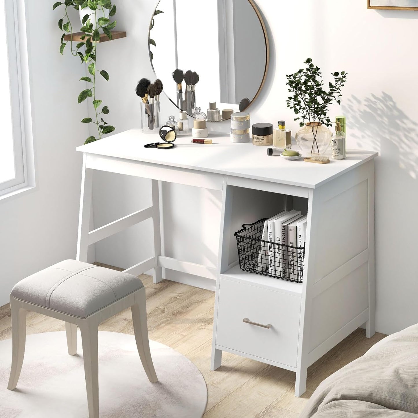 White Desk with Drawers, Small Computer Desk Study Writing Desk, Modern Home Office Desk Student Desk with Storage Space, Makeup Vanity Desk for Bedroom (White)