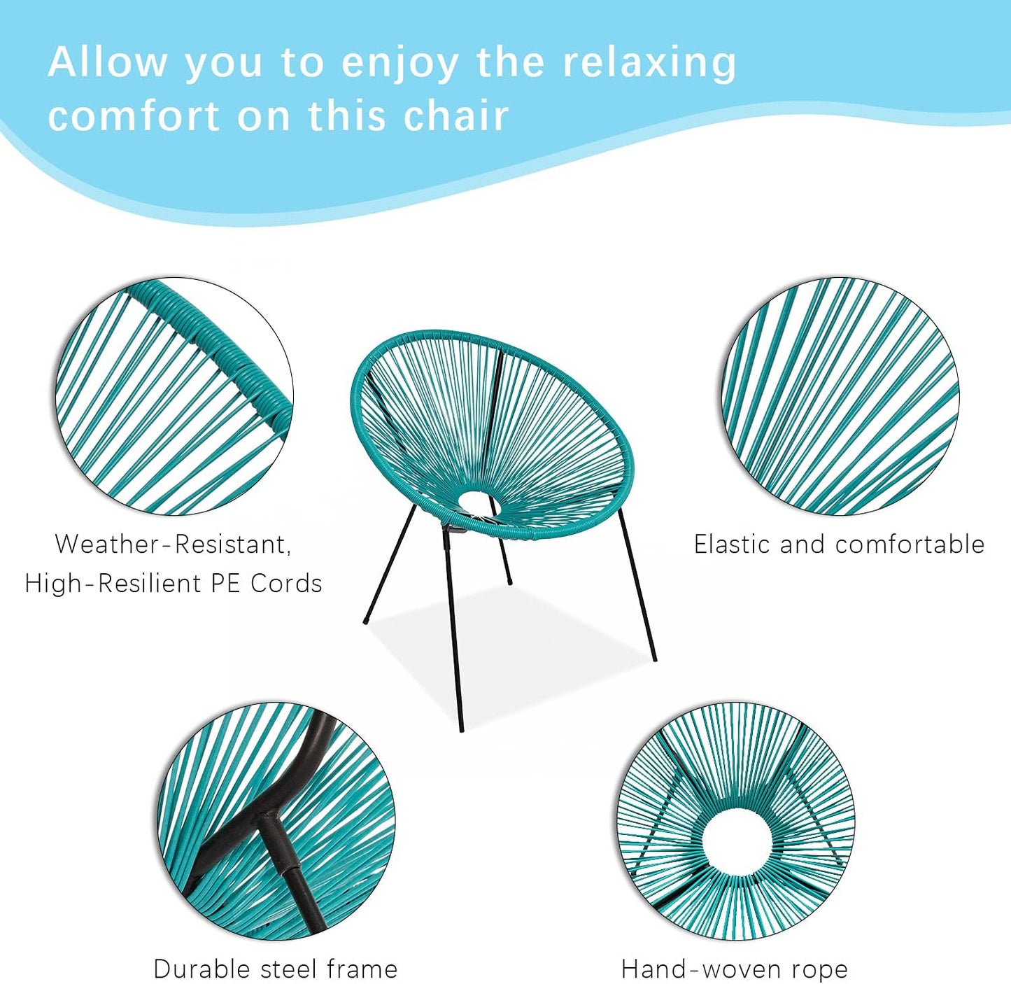 3-Piece Outdoor Acapulco Chair, All-Weather Patio Conversation Bistro Set, Modern Indoor and Outdoor Patio Furniture Set with Glass Top Table for Backyard, Livingroom, Balcony (Blue)