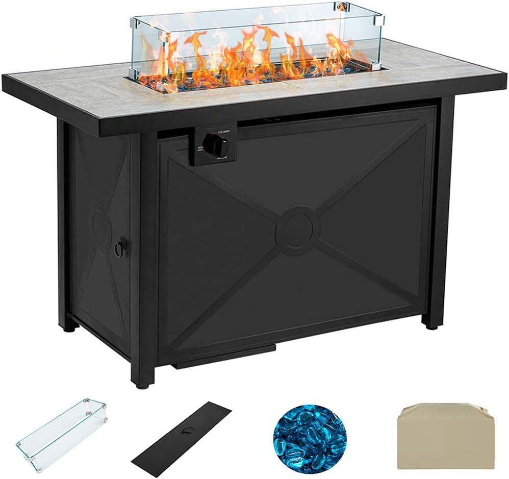 42-Inch 60,000 BTU Gas Fire Pit Table with Glass Wind Guard and Ceramic Top, Includes Waterproof Cover and Tempered Glass Beads for Outdoor Use