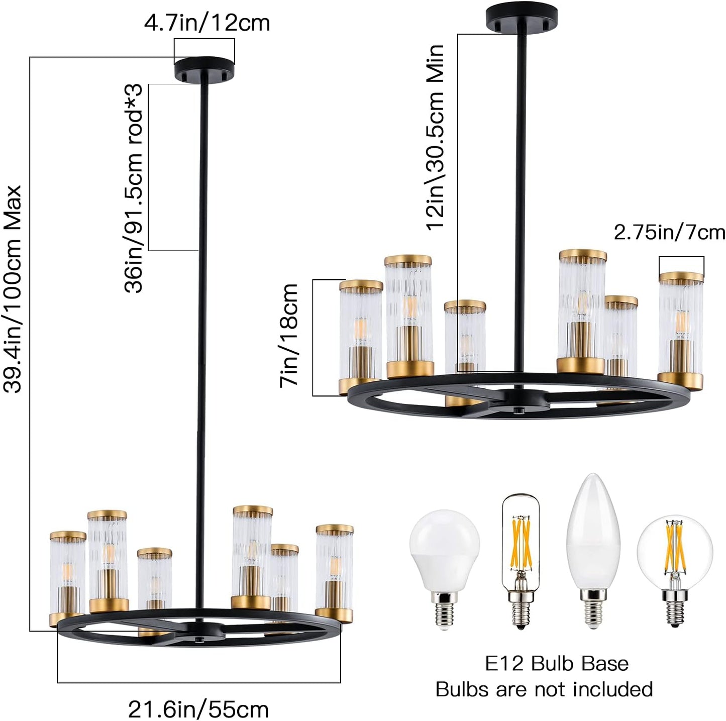 Modern Farmhouse Chandelier, 6-Light 22” Industrial Wagon Wheel Chandelier with Rippled Glass Shade,Black and Gold Rustic Chandelier for Dining Room,Kitchen,Living Room,Entryway,Foyer