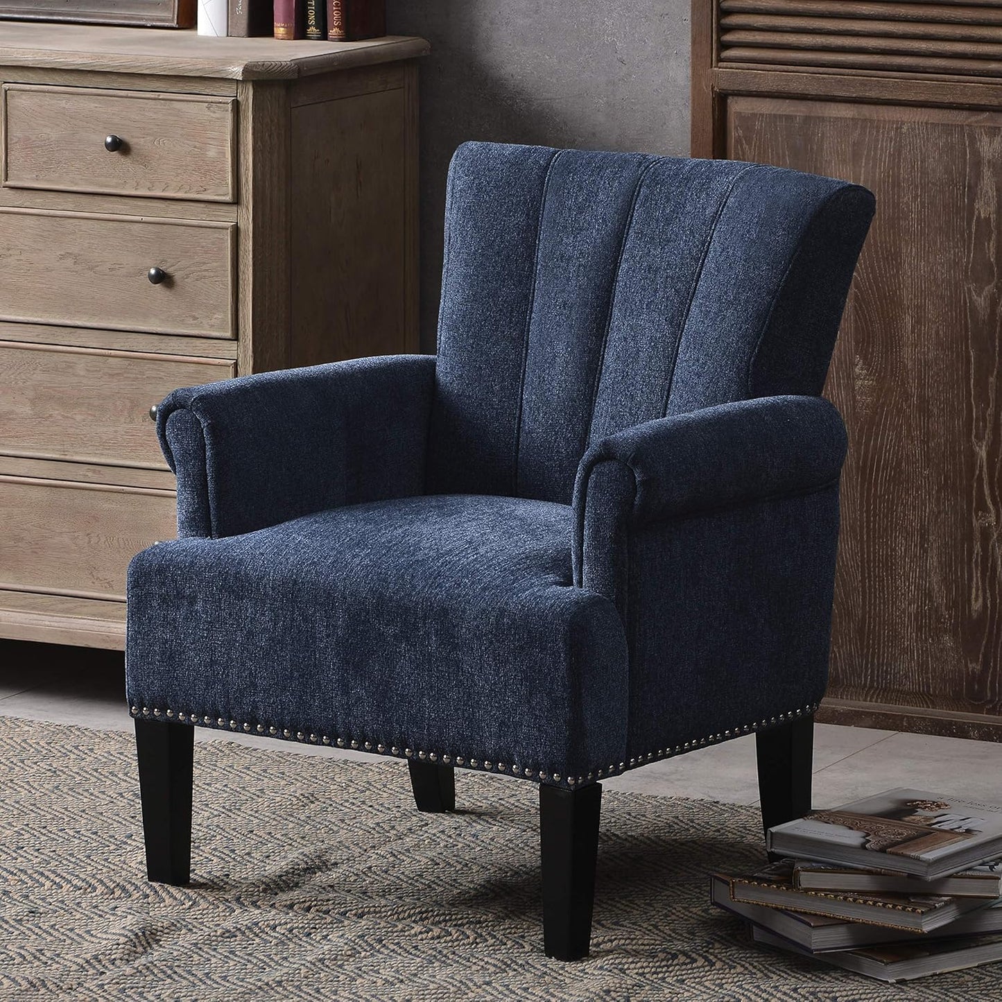 Accent Chair for Living Room, Sofa Single Chair Armchair with Tight Seat, Rivet Trim, Solid Wood Frame & Legs, 330Lbs Weight Capacity, 29" W X 24" D X 34.5" H (Navy Blue)