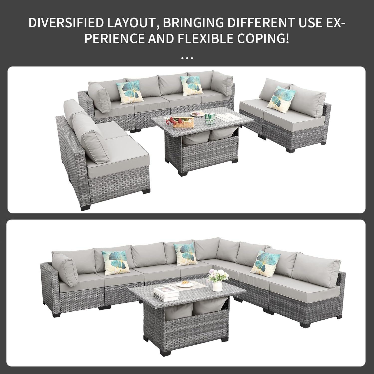 9-Piece Outdoor Sectional Wicker Furniture Set Patio Furniture Conversation Couch Set Large-Size Storage Table with Thicken(5") Anti-Slip Light Grey Cushions Furniture Cover