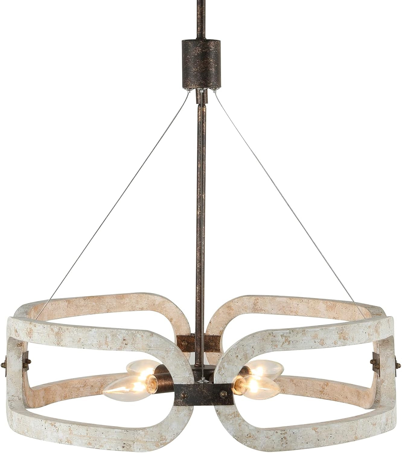 4-Light Drum Chandelier Farmhouse,Distressed White Wood Chandelier Light Fixture for Dining Room Table Bedroom Foyer,Rusty Gold Finish