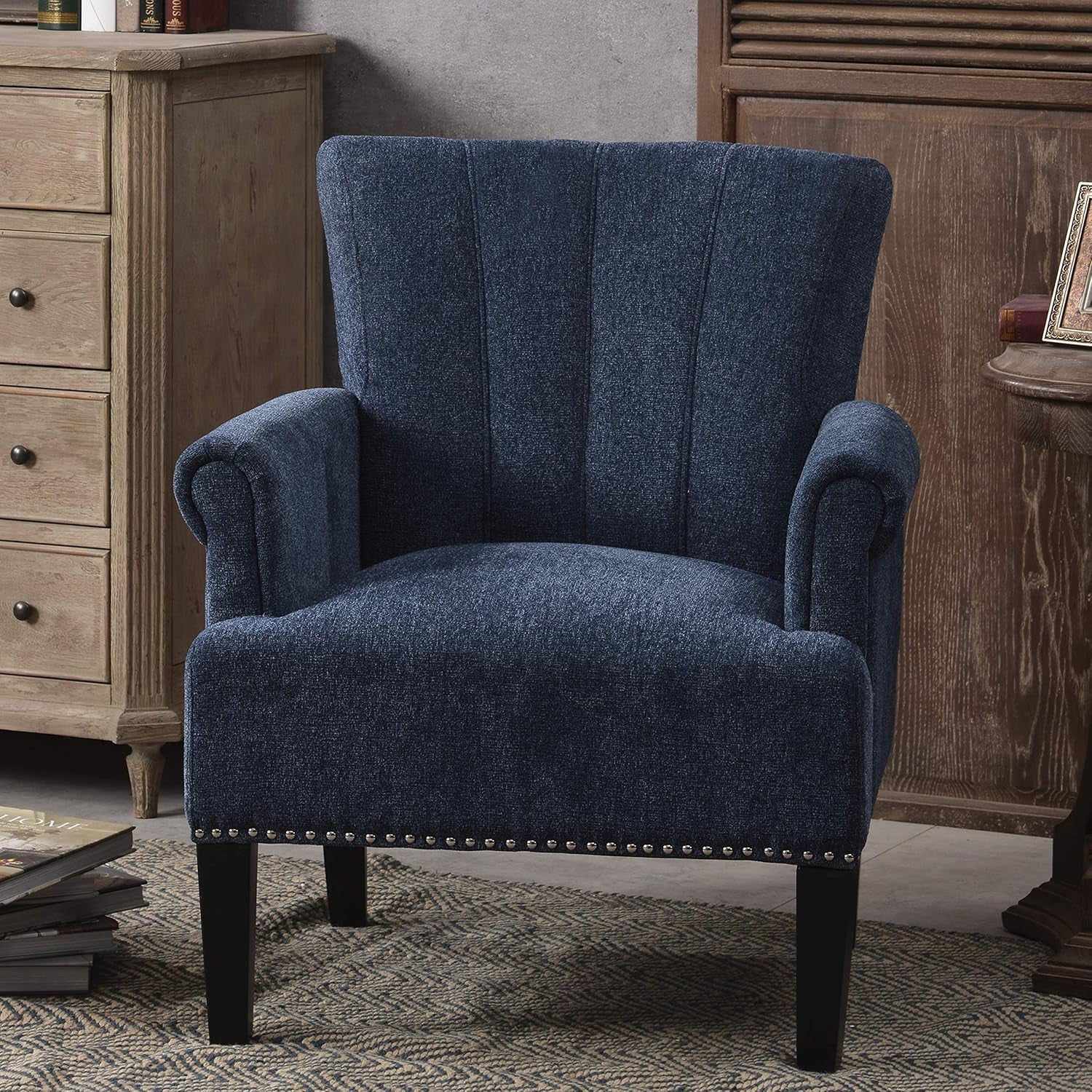 Accent Chair for Living Room, Sofa Single Chair Armchair with Tight Seat, Rivet Trim, Solid Wood Frame & Legs, 330Lbs Weight Capacity, 29" W X 24" D X 34.5" H (Navy Blue)