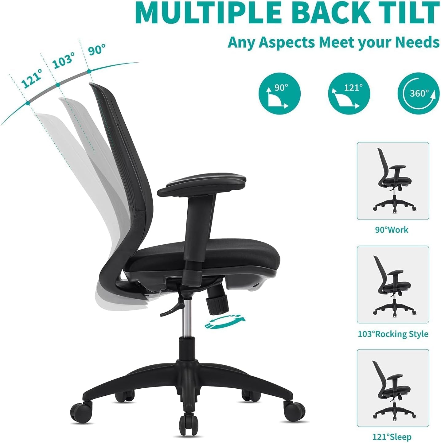 Home Office Chair, Ergonomic Mid Back Chair with Adjust Up-Down Armrest & Back Support, Computer Task Study Chair with Removable Backrest Cover, Tilt Function and Adjustable Height, Black