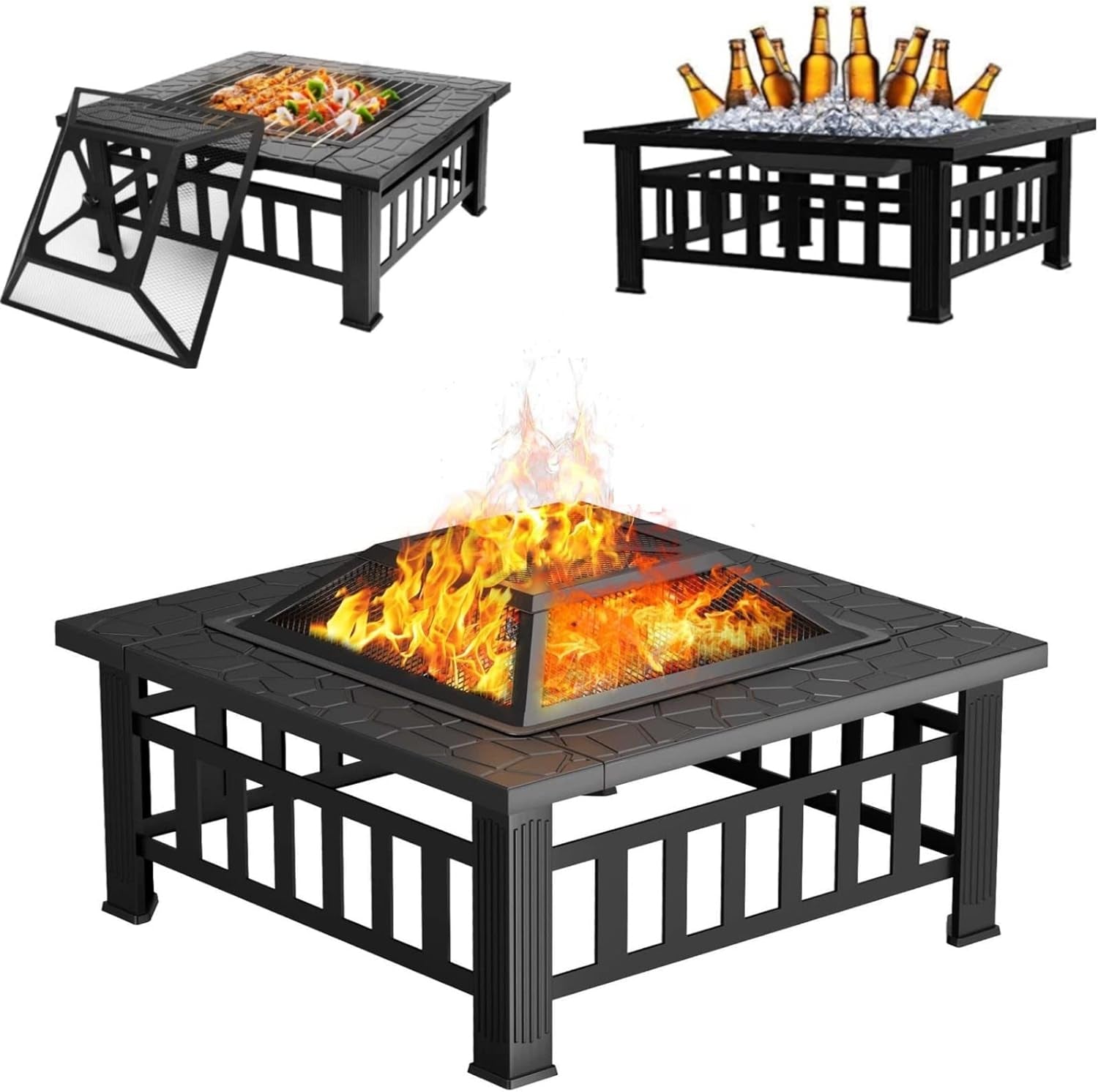 Fire Pit Outdoor Fire Pits with Heat-Resistant Coating Iron Tabletop Outdoor Wood Burning with Spark Screen Cover and Poker