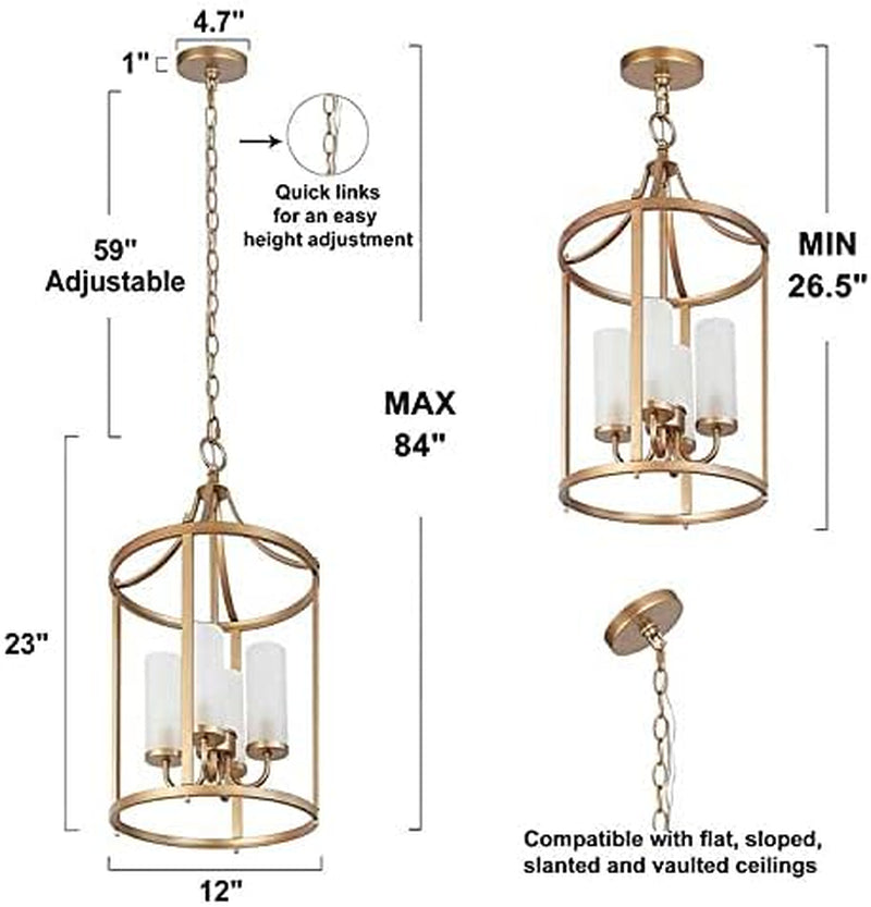 Modern Gold Chandelier, 4-Light Lantern Chandelier Light Fixture with Frosted Glass Shades, Cylindrical Gold Pendant Lighting for Kitchen Island, Dining Room & Entryway (12’’ W X 23’’ H)