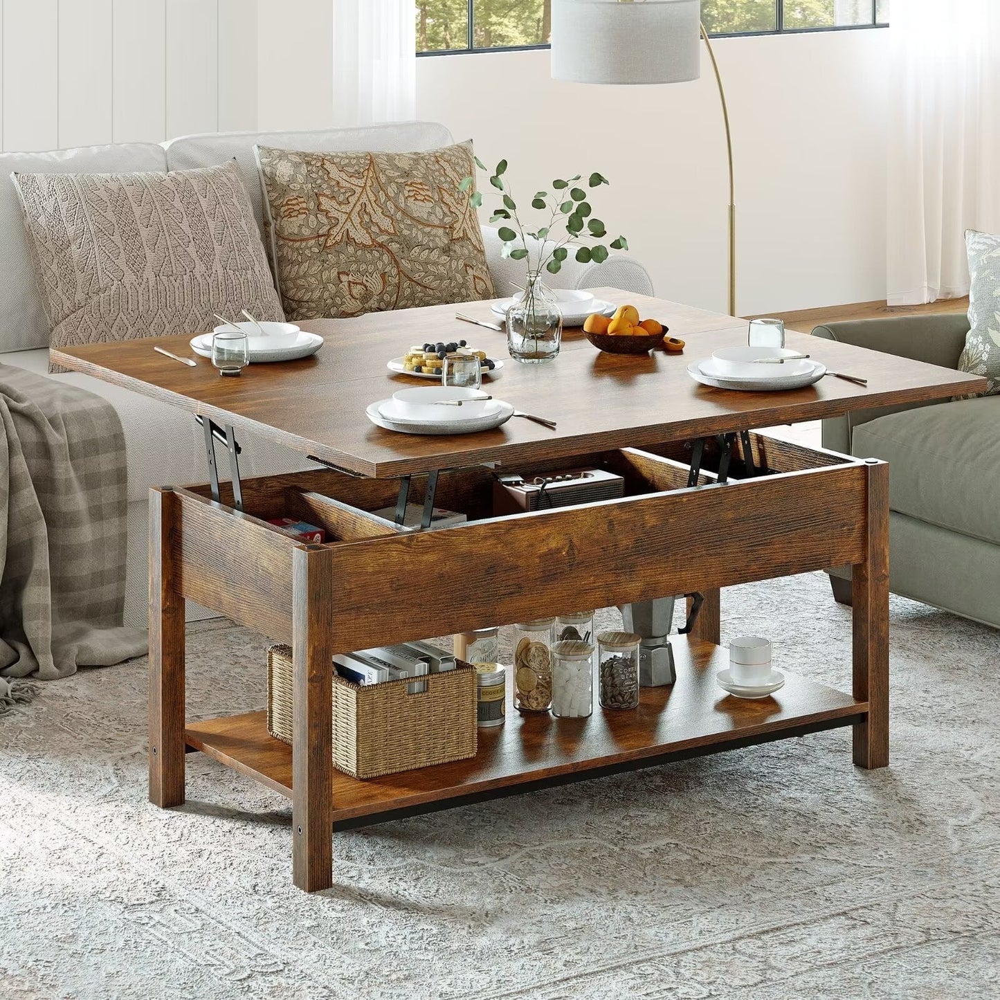 41.73"Lift Top Coffee Table 4 in 1 Multi-Function Convertible Coffee Table with Hidden Storage Framhouse Coffee Table for Living Room Rustic Brown