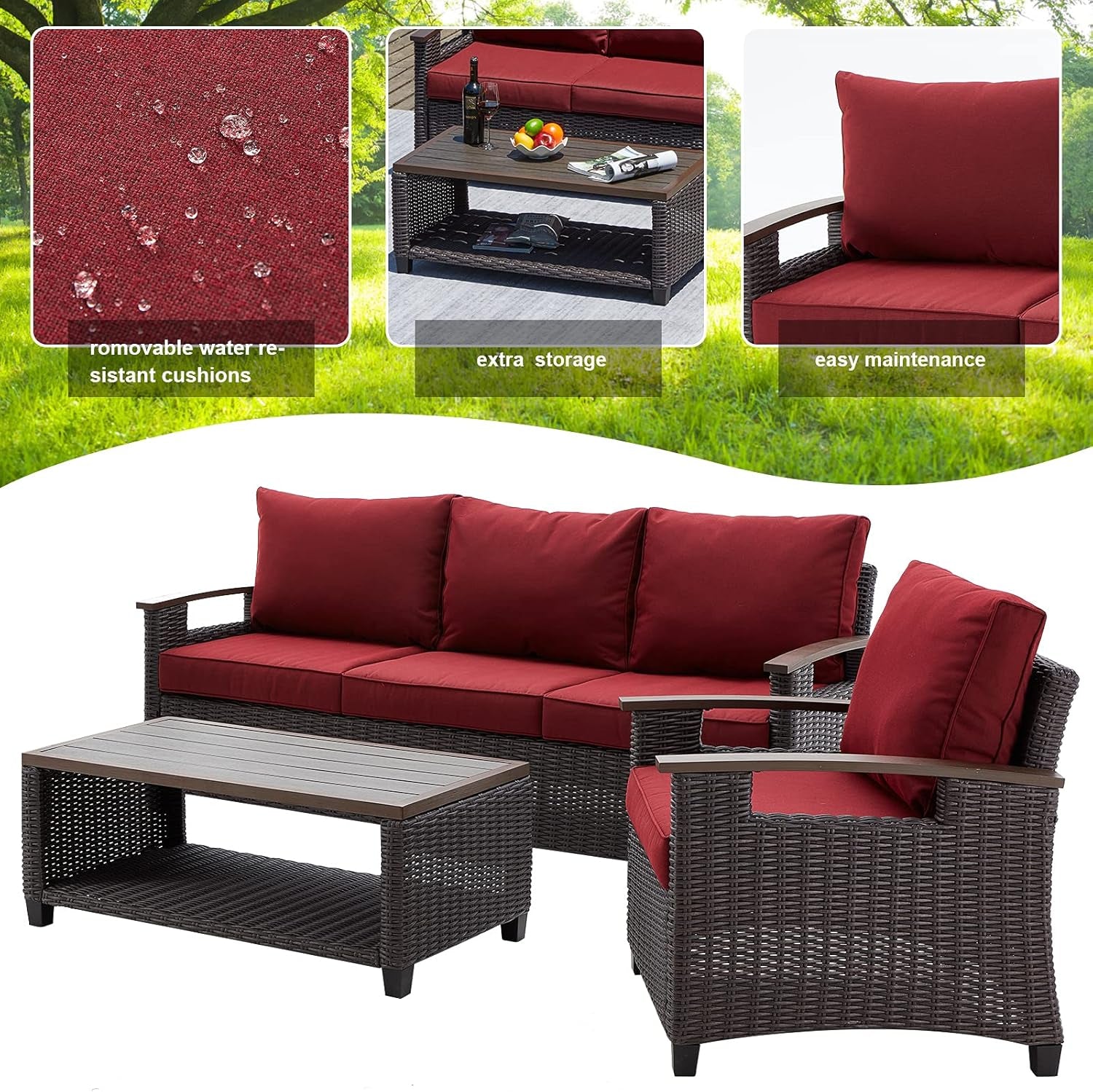 4 Pcs Patio Furniture Sets, Luxurious Retro Wicker Conversation Set, All-Weather Outdoor Sectional Sofa with 5 Seats and Table, Manual Weaving Wicker Rattan for Outdoor, Garden, Red Wine