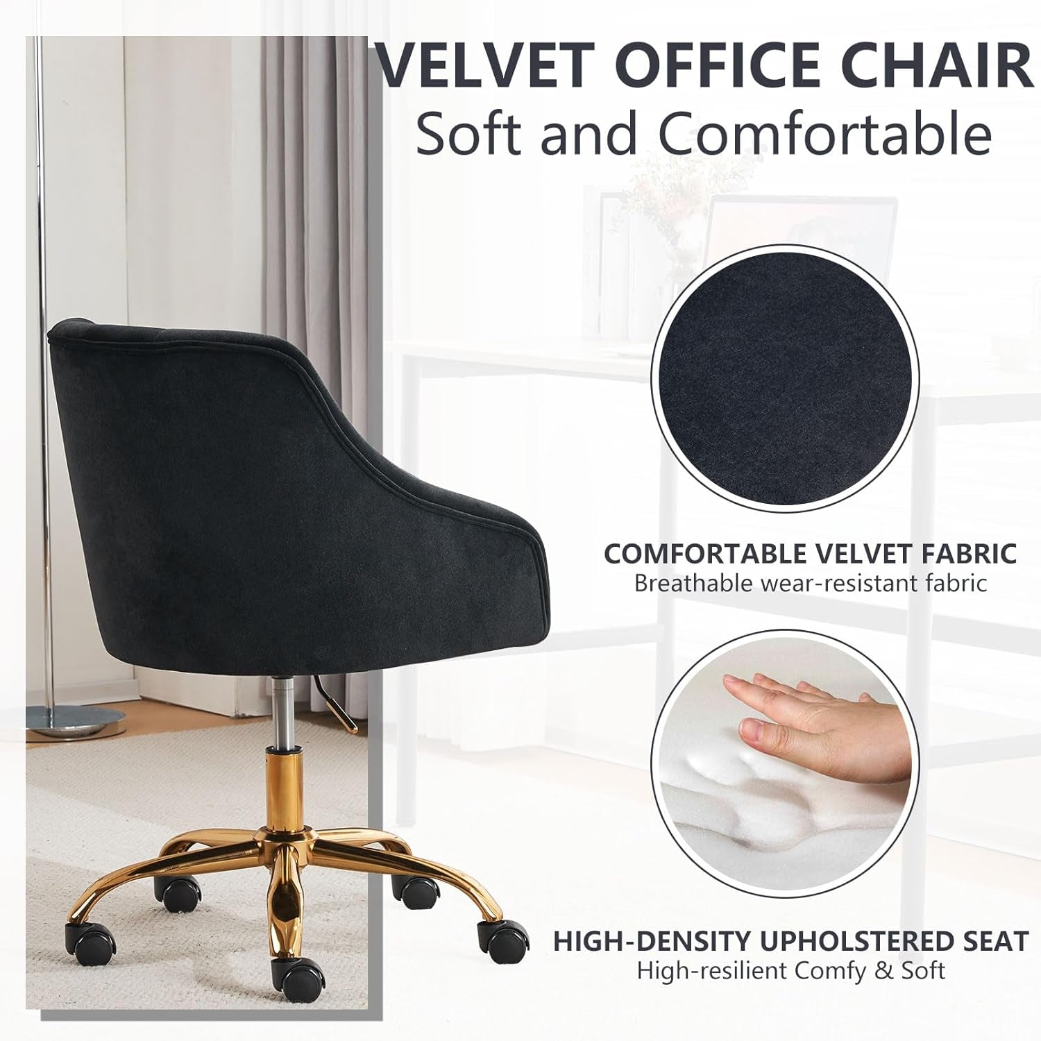 Home Office Desk Chair Modern Velvet Office Chair Height Adjustable Computer Chair Mid-Back Swivel Task Chair Upholstered Velvet Desk Chair with Armrest for Study Bedroom Living Room(Black)