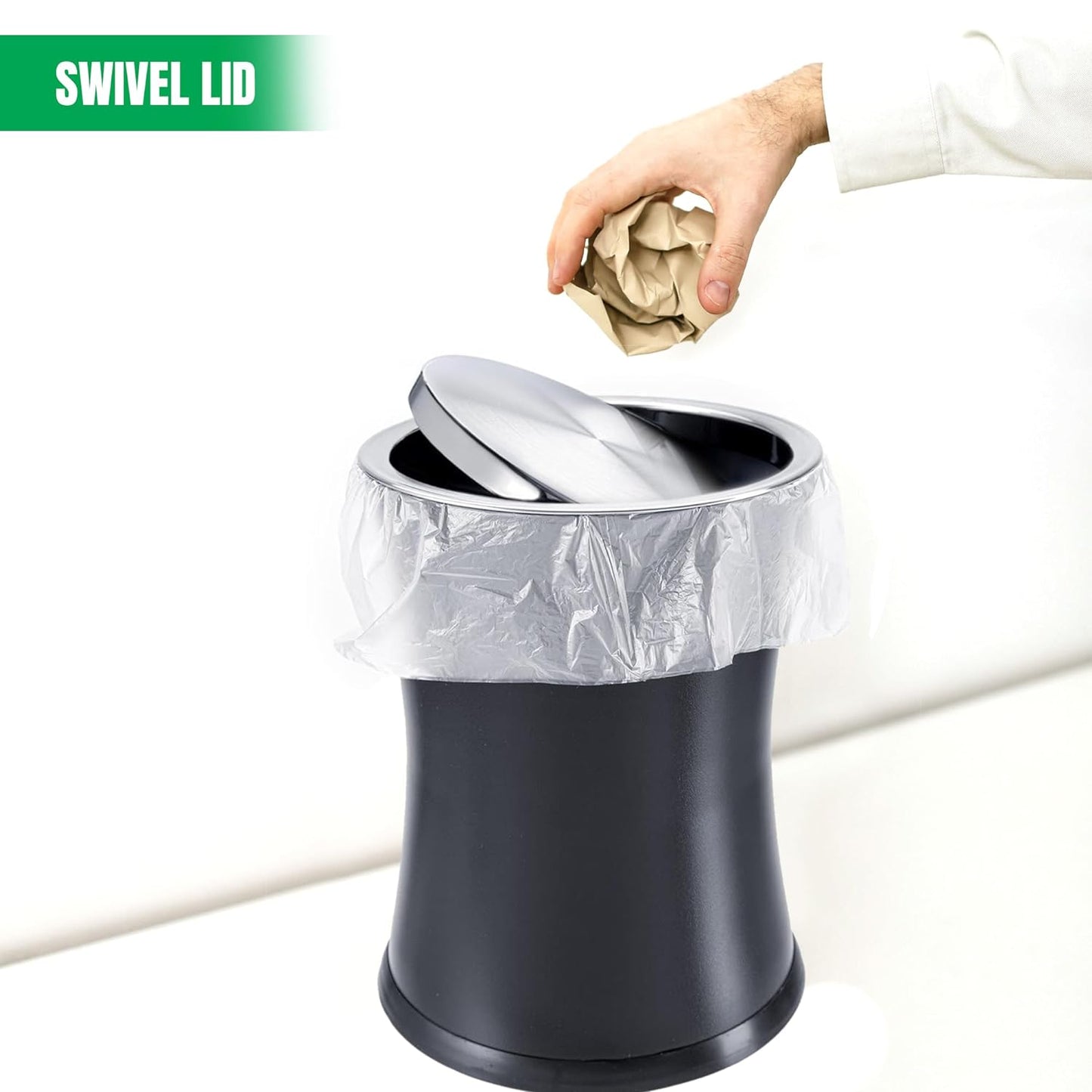 Swivel-A-Lid Small Trash Can, Metal Attractive 'Center-Inset' Designed Wastebasket, Modern Home Décor, round Shape (Black)