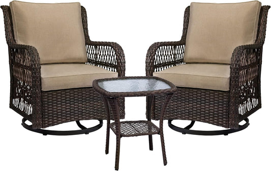 Outdoor Swivel Rocker Patio Chairs Set, 3 Piece Wicker Patio Bistro Set with Premium Cushions, 2Pcs Chairs and 1Pcs Matching Side Table (Beige)