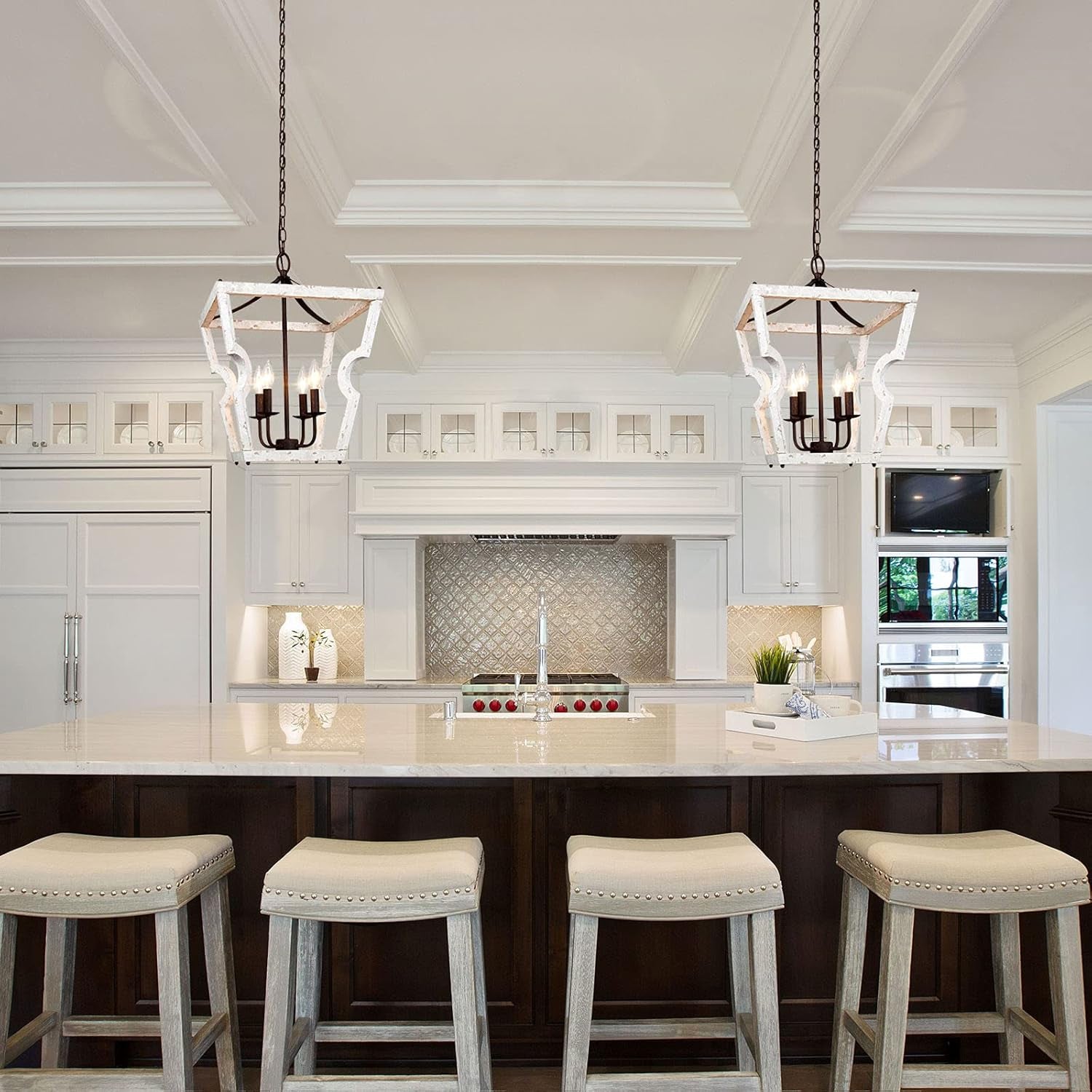 Farmhouse Chandelier, 4-Light Foyer Lighting, Wood Chandelier for Dining Room, Entryway, Weathered White Wood