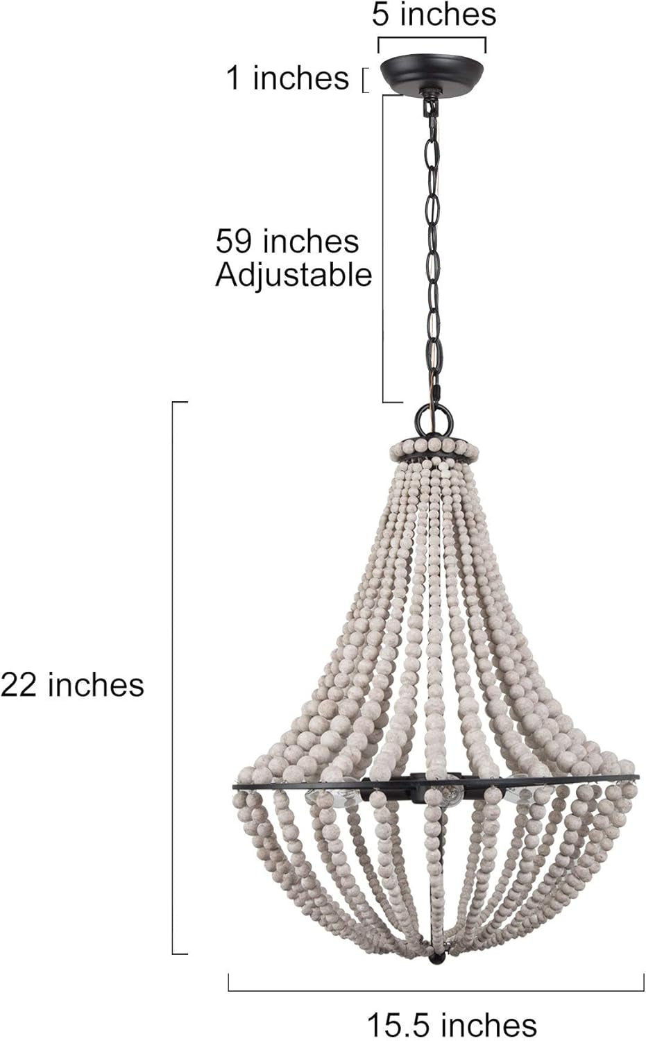 Farmhouse Chandelier, Boho Light Fixture for Dining Room, Bedroom, Handmade Wood Beads, 3-Lights, 15.5” D X 22” H