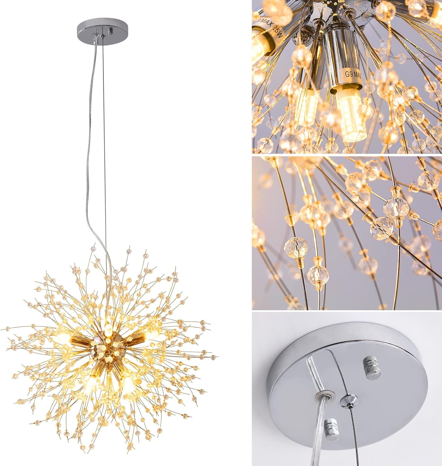 19" Modern Sputnik Crystal Chandelier for Bedroom, 8-Lights Firework Chandelier for Hallway,Chrome Firework Pendant Light for Kids Room, Dining Room,Living Room, Foyer, Entryway