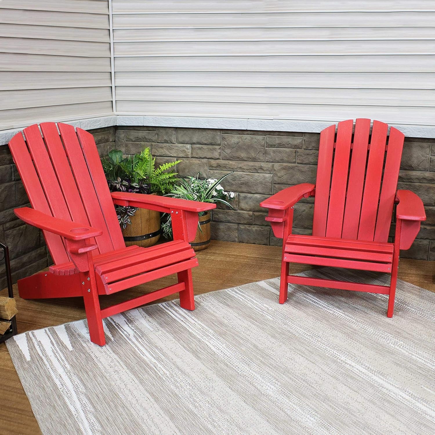 All-Weather Outdoor Adirondack Chair with Drink Holder - Heavy Duty HDPE Weatherproof Patio Chair - Ideal for Lawn, Garden or around the Firepit - Red- Set of 2