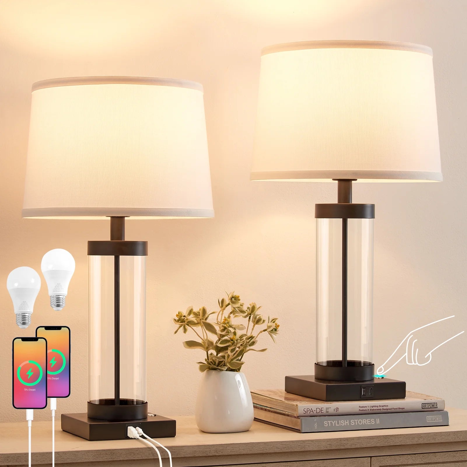 Glass Table Lamps for Bedroom with USB Ports, 3-Way Dimmable Touch Bedside Lamps Modern Nightstand Lamps for Home Lighting Decoration