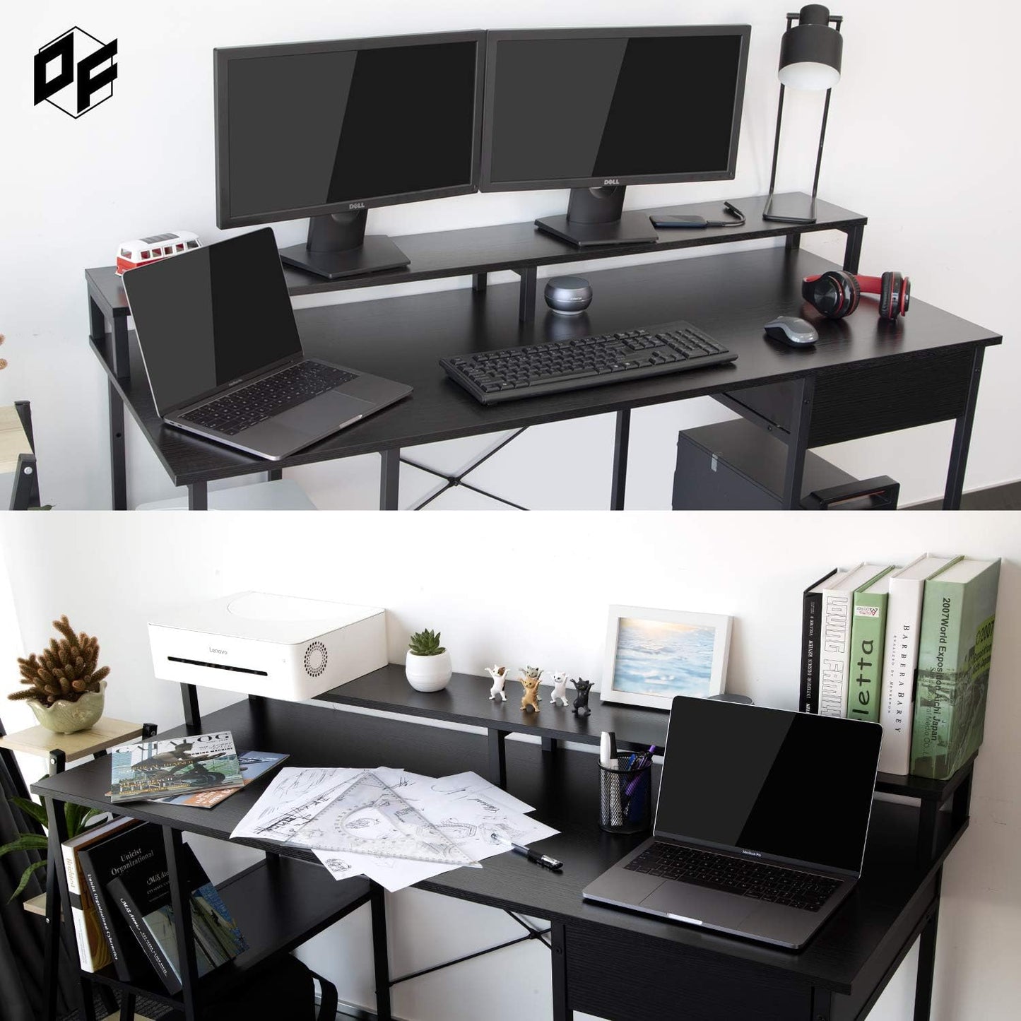 Home Office Computer Desk with Drawer, Monitor Stand and Storage Shelves