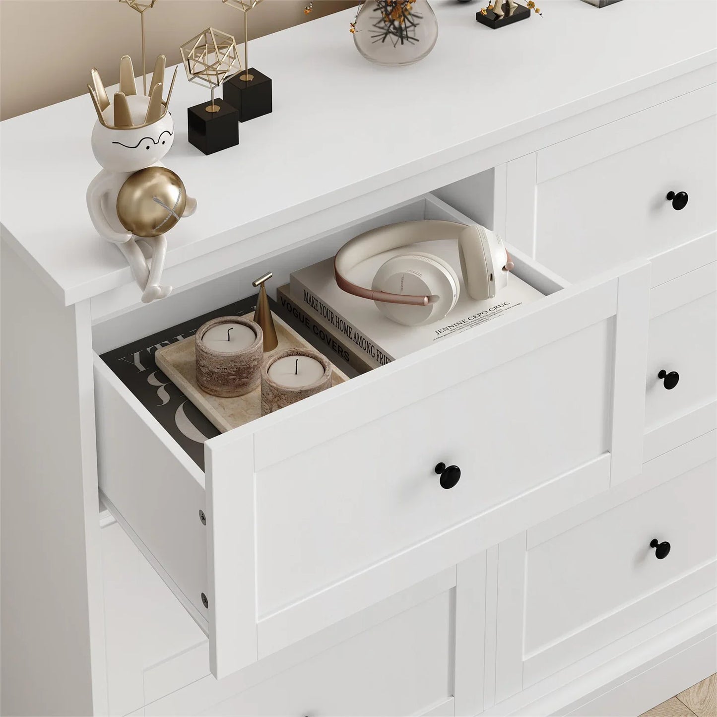 White Dresser with 6 Drawer , 42.5" Wide Double Dresser for Bedroom, Wooden Dresser Chest of Drawers