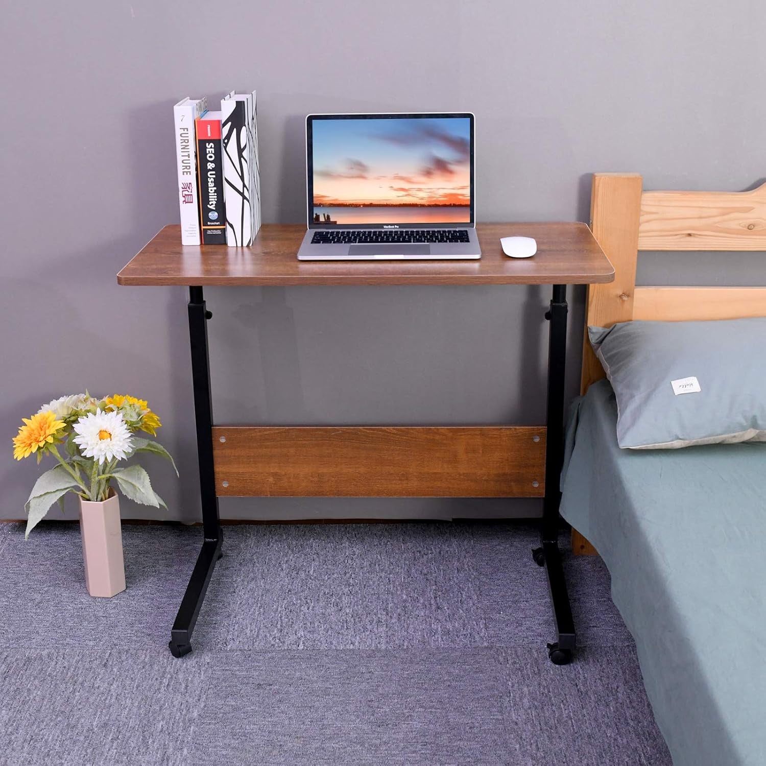 Portable Desk, Rolling Desk Portable Laptop Desk with Wheels, Laptop Cart Desk Cart Adjustable Side Table, Small Laptop Desk Tray Table Sofa Desk Bedside Table,Oak 31.5X15.7 Inch