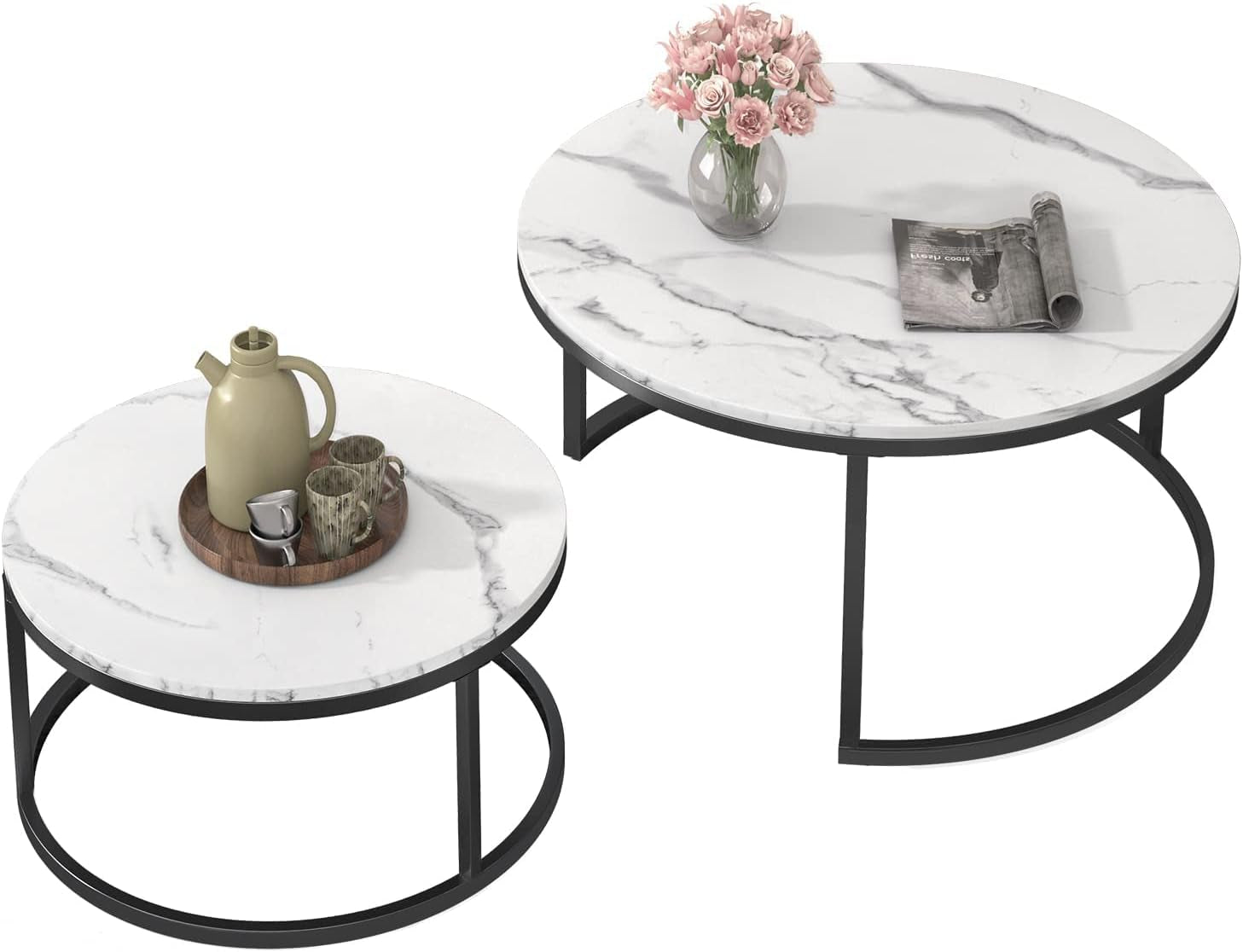 Modern Nesting Coffee Table, Marble Look Sofa Side Nest of Tables round End Tables, Set of 2, Black Color Frame with Wood Top- 32”& 24” Table Set