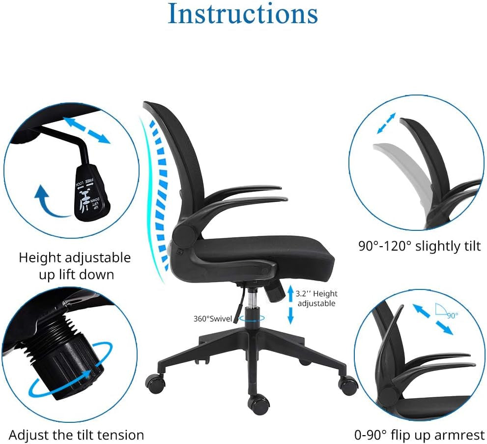 Foldable Office Chair - Home Office Desk Chairs with Flip-Up Arms and Foldable Backrest, Mesh Computer Chair Foldable Executive Office Chair (Black)