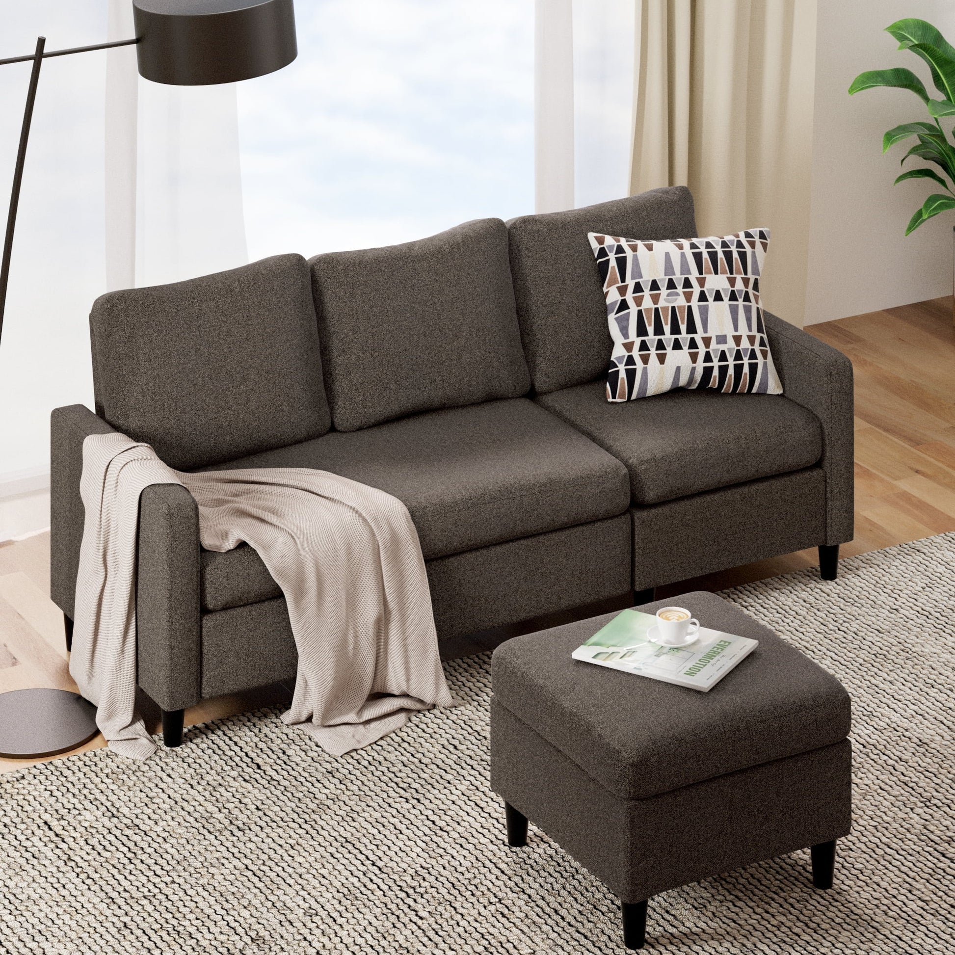 Hudson Modern Convertible Indoor Sectional Sofa with Reversible Chaise, Dark Grey