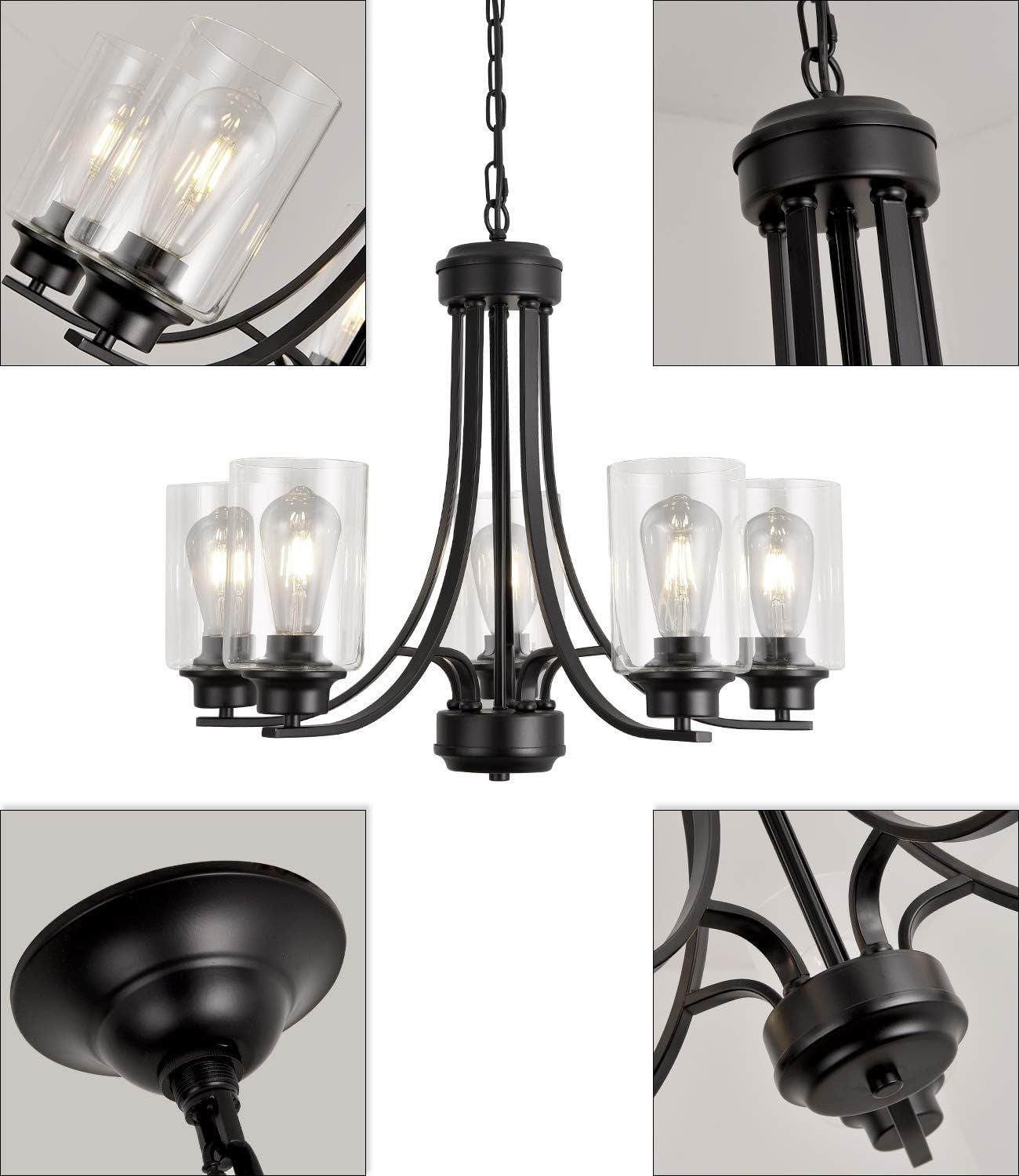 NA Contemporary 5 Light Glass Chandelier Black Traditional Chandeliers Kitchen Dining Room Lighting Fixtures Hanging Pendant Light Industrial Flush Mount Ceiling Light