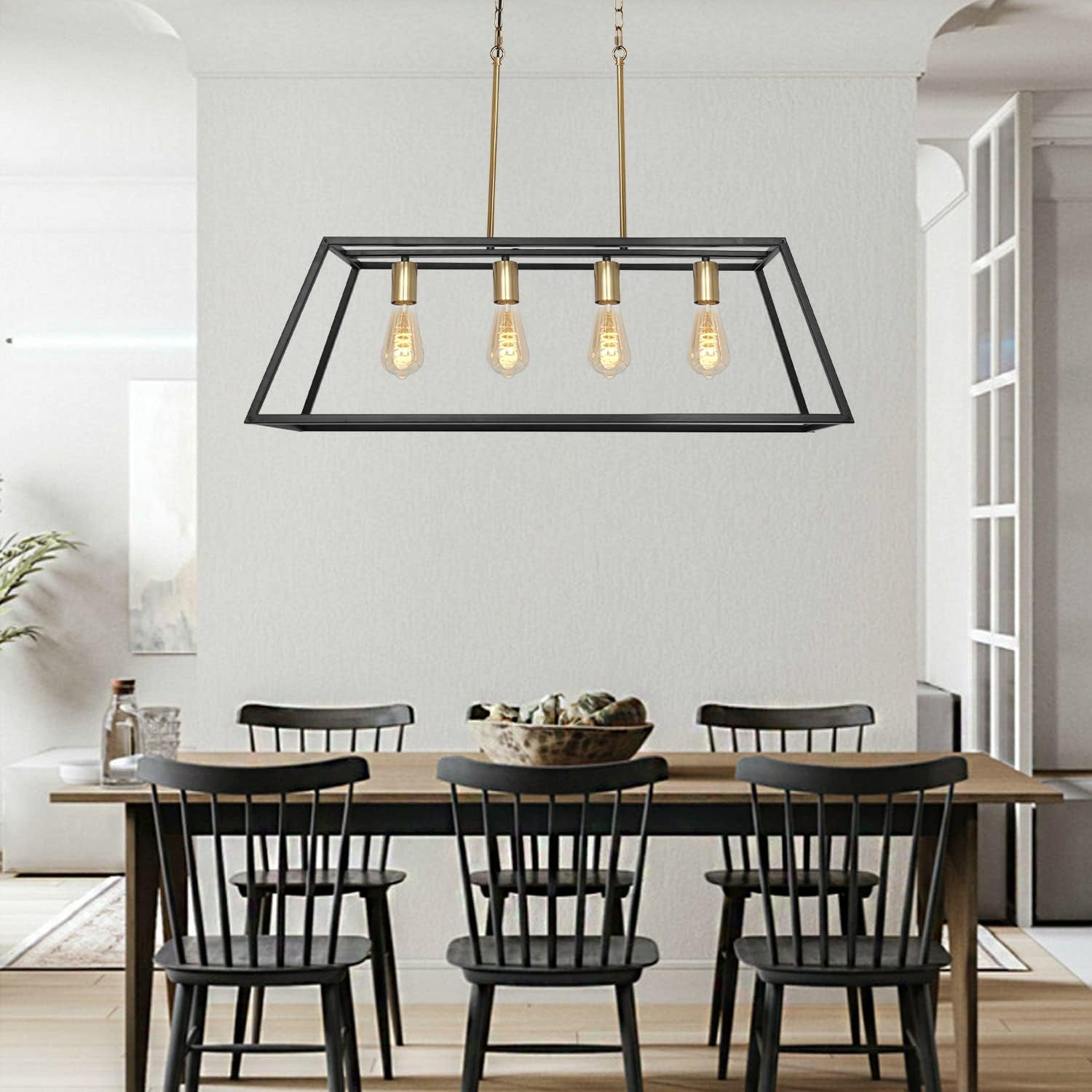 Modern Black Brass Kitchen Island Chandelier, Industrial Gold Linear Dining Room Lighting, Farmhouse Pendant Light for Living Room Bar (4-Light, Black & Brass)