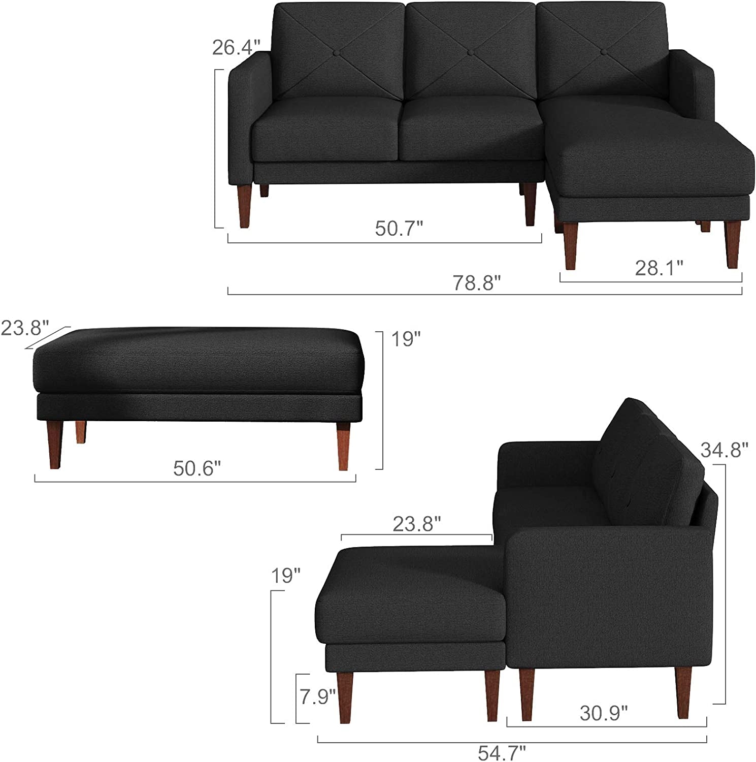 Convertible Sectional Sofa Couch with Ottoman Reversible L Shaped Sofa Couch Set in Fabric Dark Grey