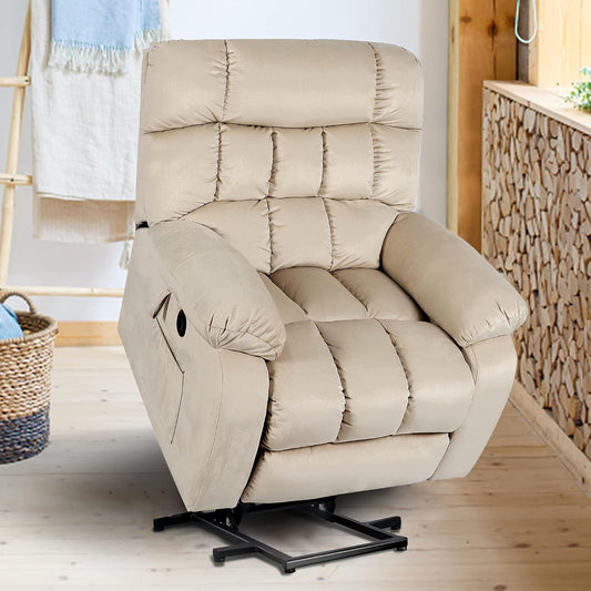 Electric Power Lift Recliner Chair with Massage and Heat for Elderly, 3 Positions, Side Pocket, USB Port, Plush Fabric (Beige1)