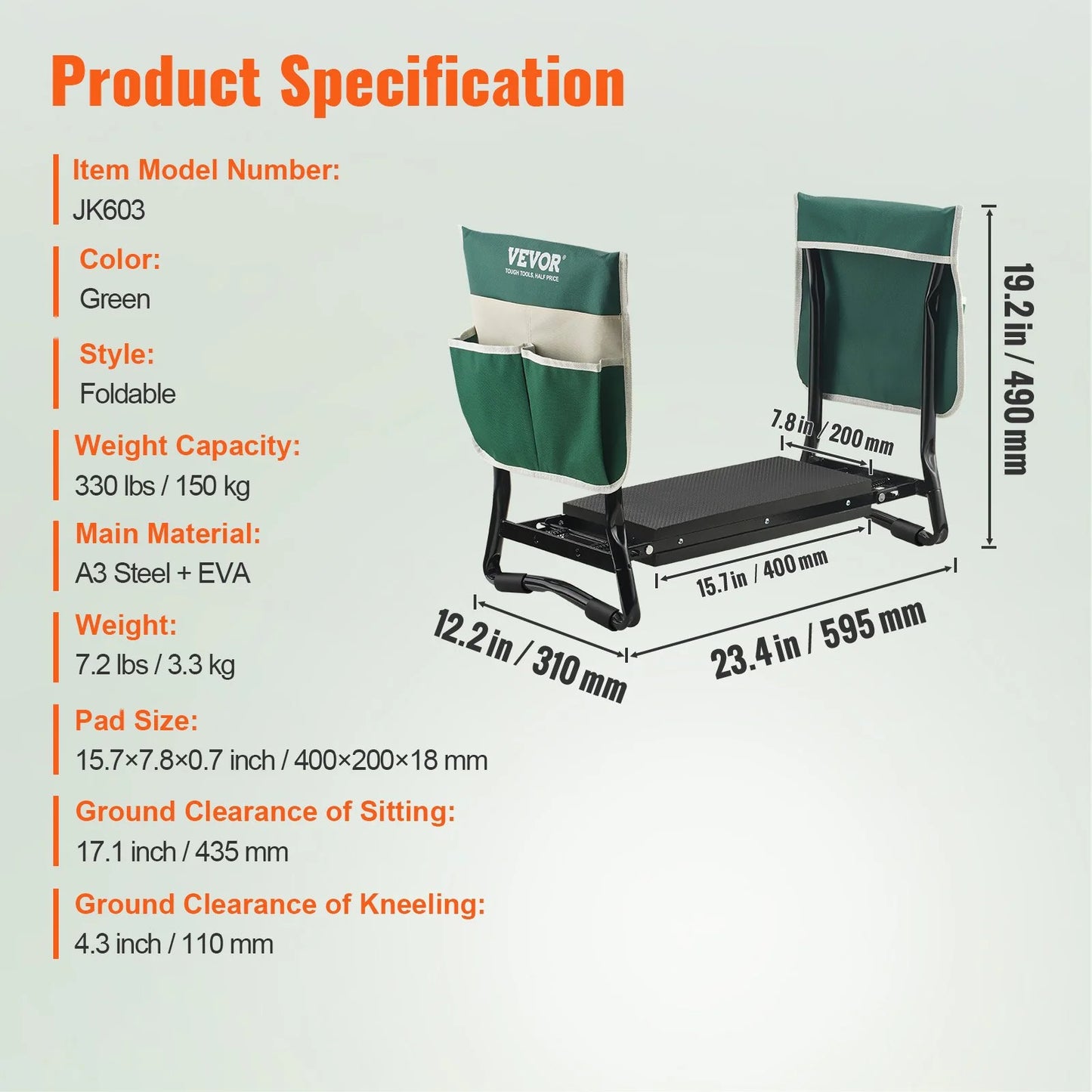 VEVOR Garden Kneeler and Seat, 330 Lbs Load Capacity, 8" EVA Wide Pad, Foldable Garden Stool, Kneeling Bench for Gardening with Tool Bag, Gifts for Women, Grandparents, Seniors, Mom and Dad