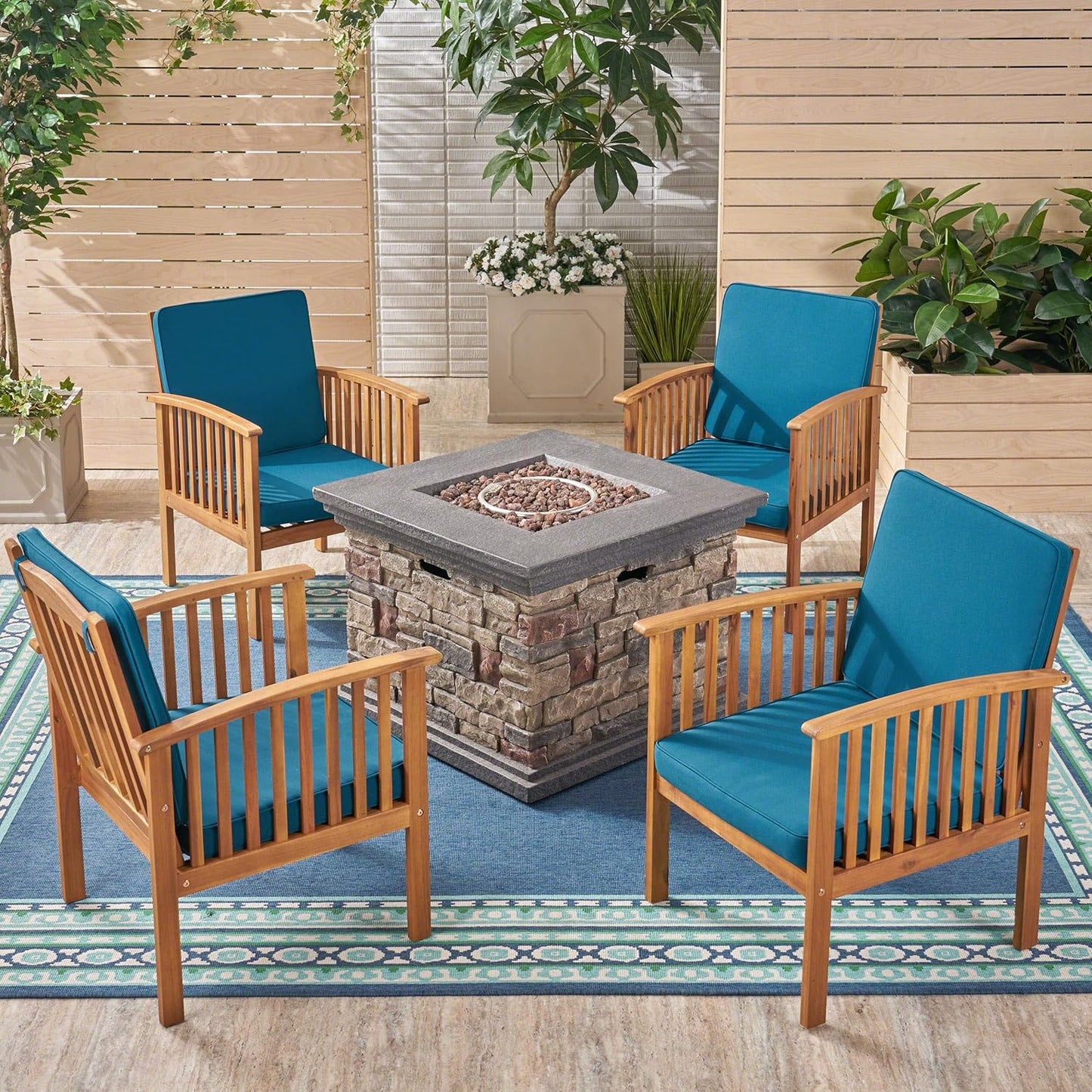 Outdoor 4-Seater Acacia Wood Club Chairs with Firepit, Brown Patina Finish and Dark Teal and Stone