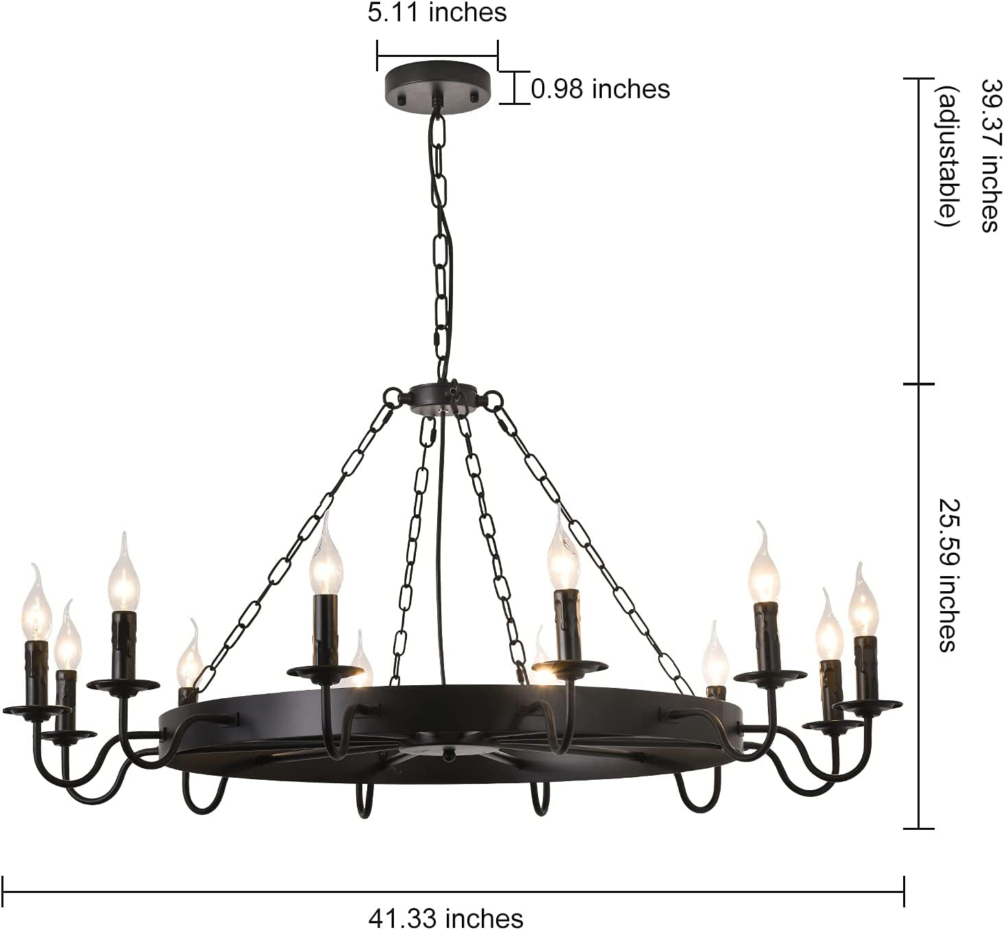 Black Industrial Wheel Chandelier Lighting Fixture, Rustic Farmhouse Pendant Lights for Kitchen, round Candle Style Hanging Light, 12-Lights E12, Adjustable Height