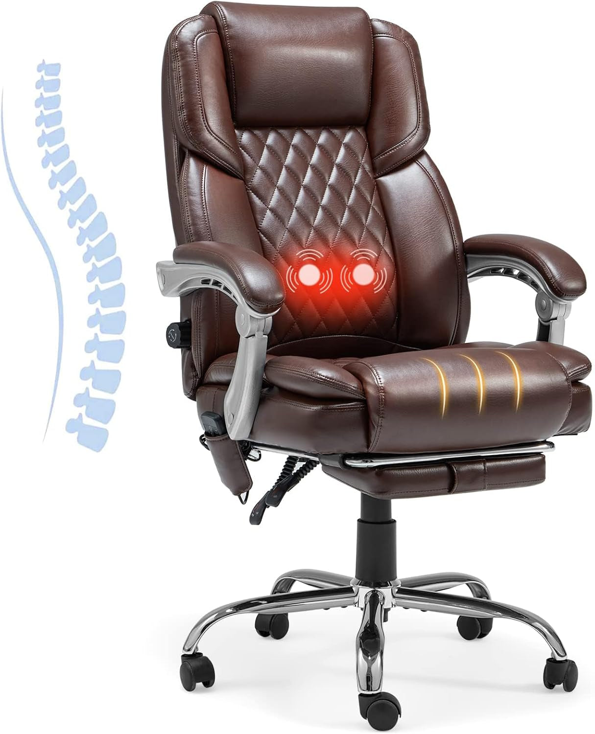 2-Point Massage Office Chair with Lumbar Support, Heated Executive Office Chair with Reclining Backrest, Computer Gaming Chair for Home Office, Brown