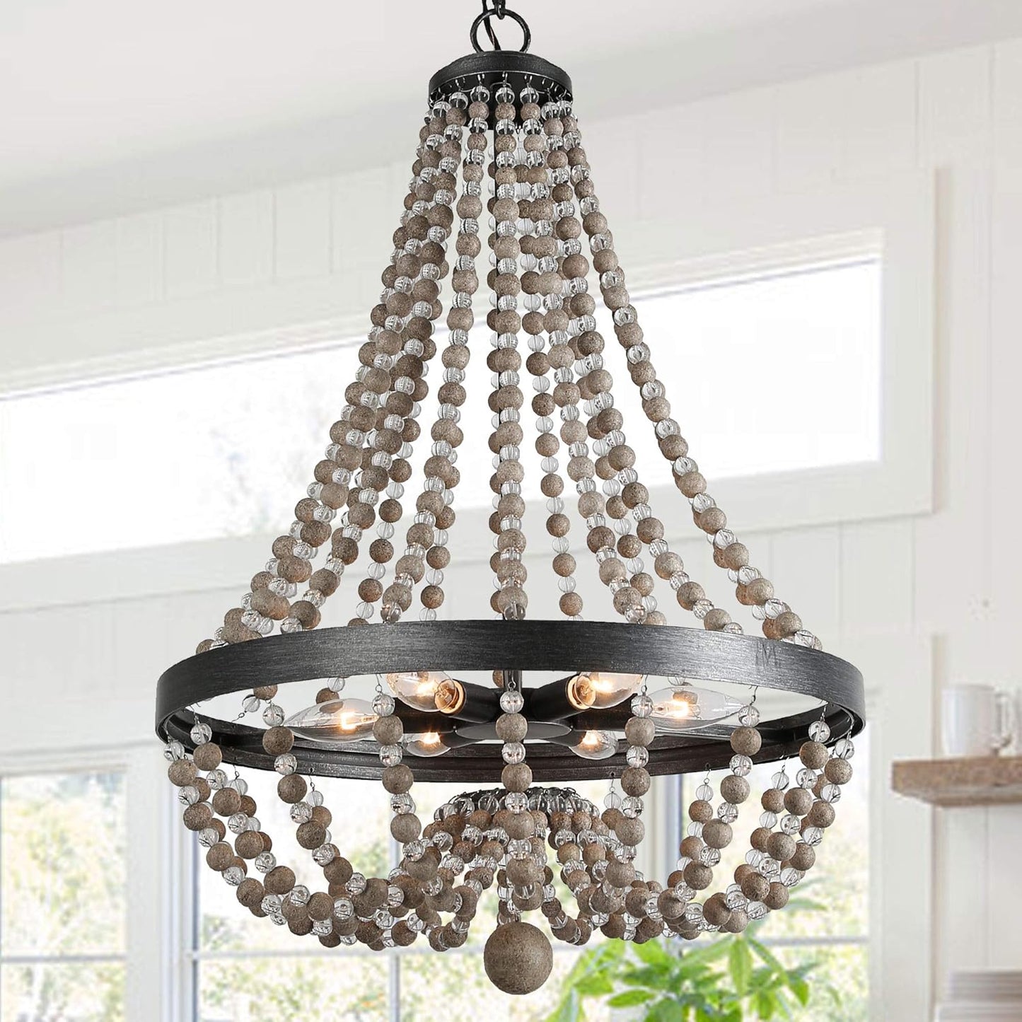 Bead Chandelier, Farmhouse Dining Room Light Fixture Hanging with 6-Lights, Handmade Wood Beaded Chandelier for Kitchen Island